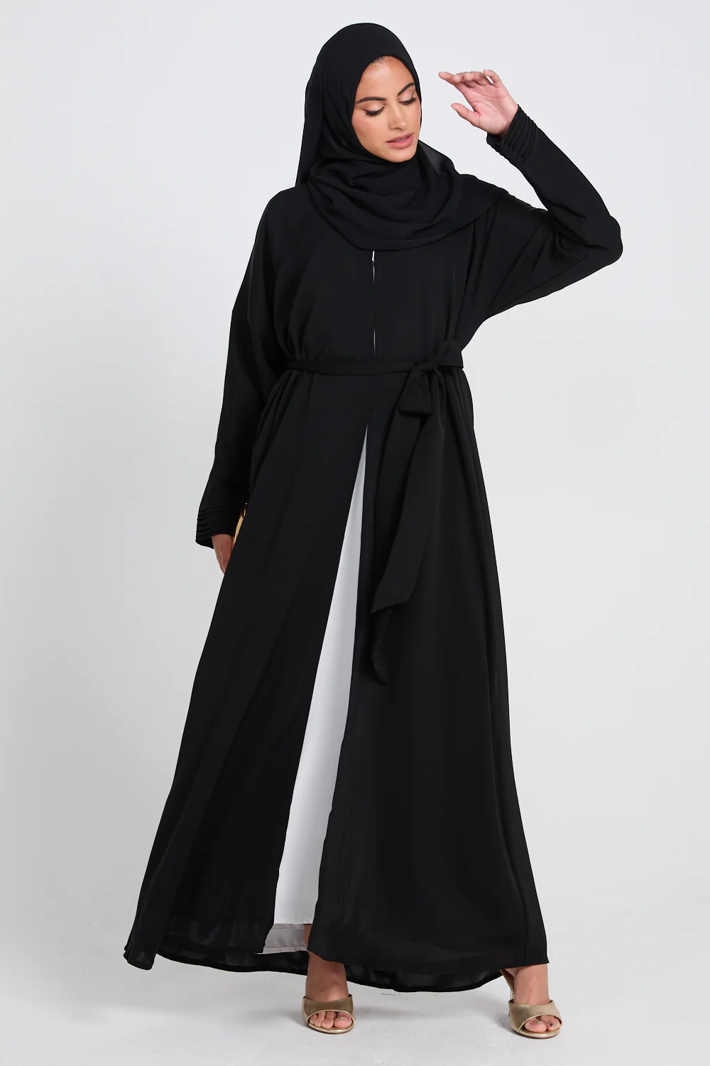 Premium Classic Open Abaya with Pleated Cuff Detailing - Black - Image 6