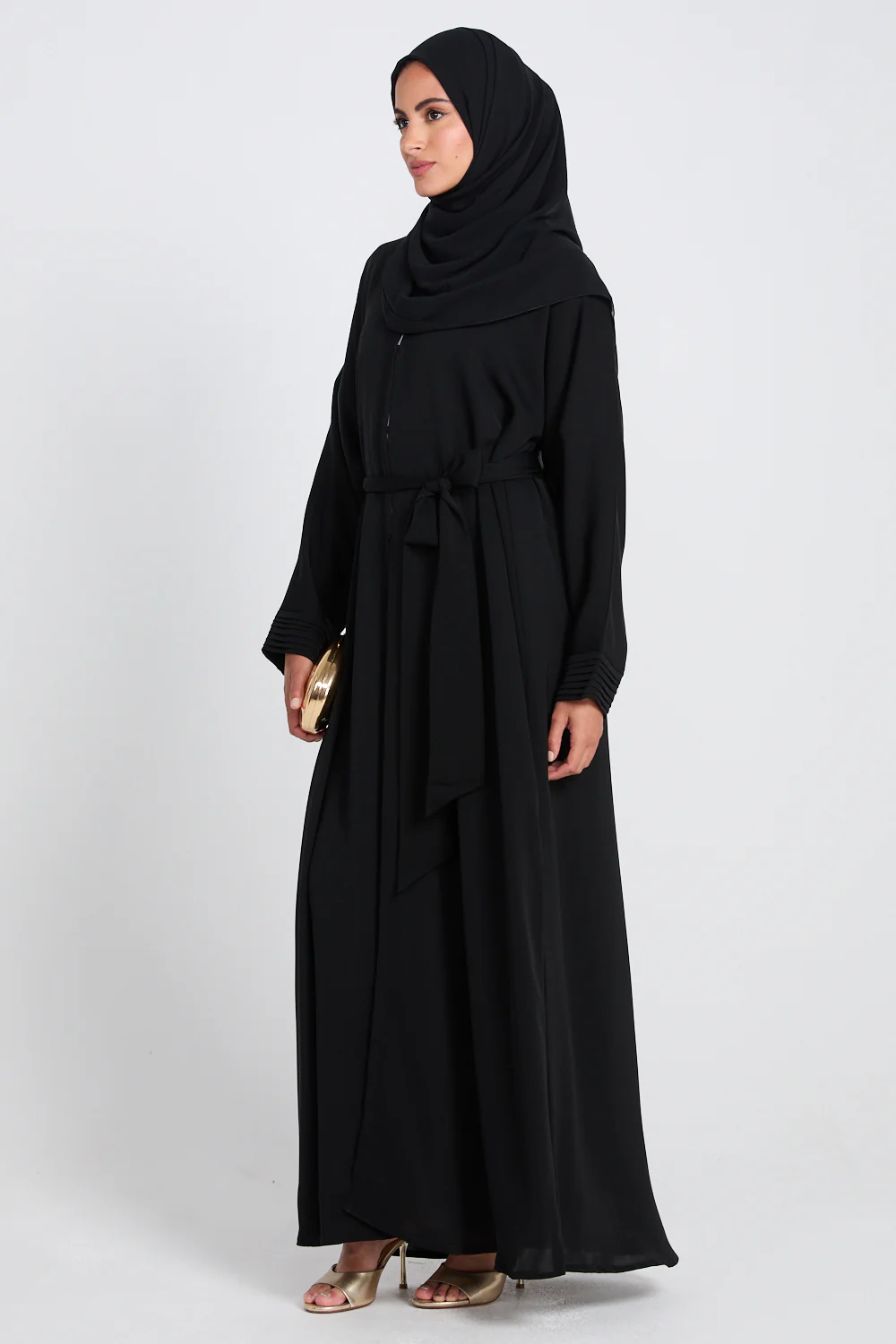 Premium Classic Open Abaya with Pleated Cuff Detailing - Black - Image 7