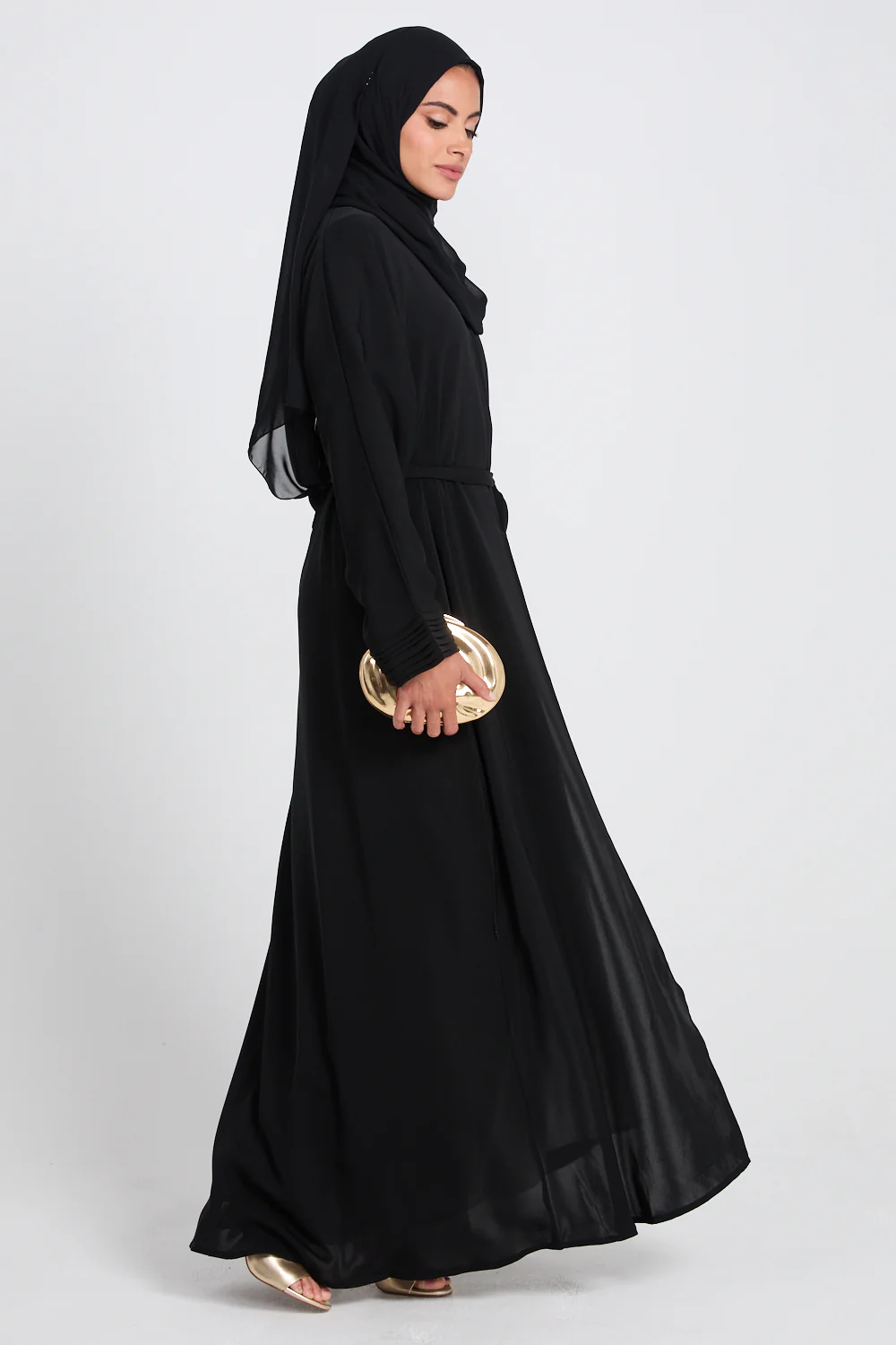 Premium Classic Open Abaya with Pleated Cuff Detailing - Black - Image 8