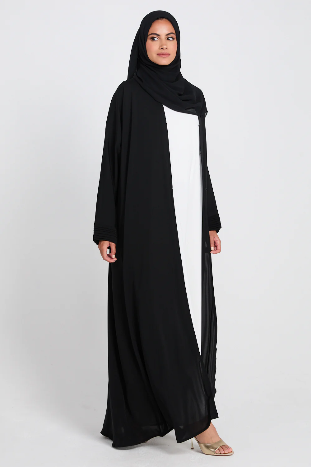 Premium Classic Open Abaya with Pleated Cuff Detailing - Black - Image 9