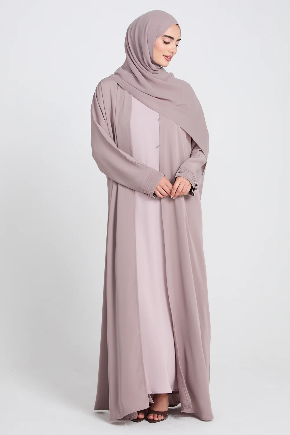 Premium Classic Open Abaya with Pleated Cuff - Blushed Mink