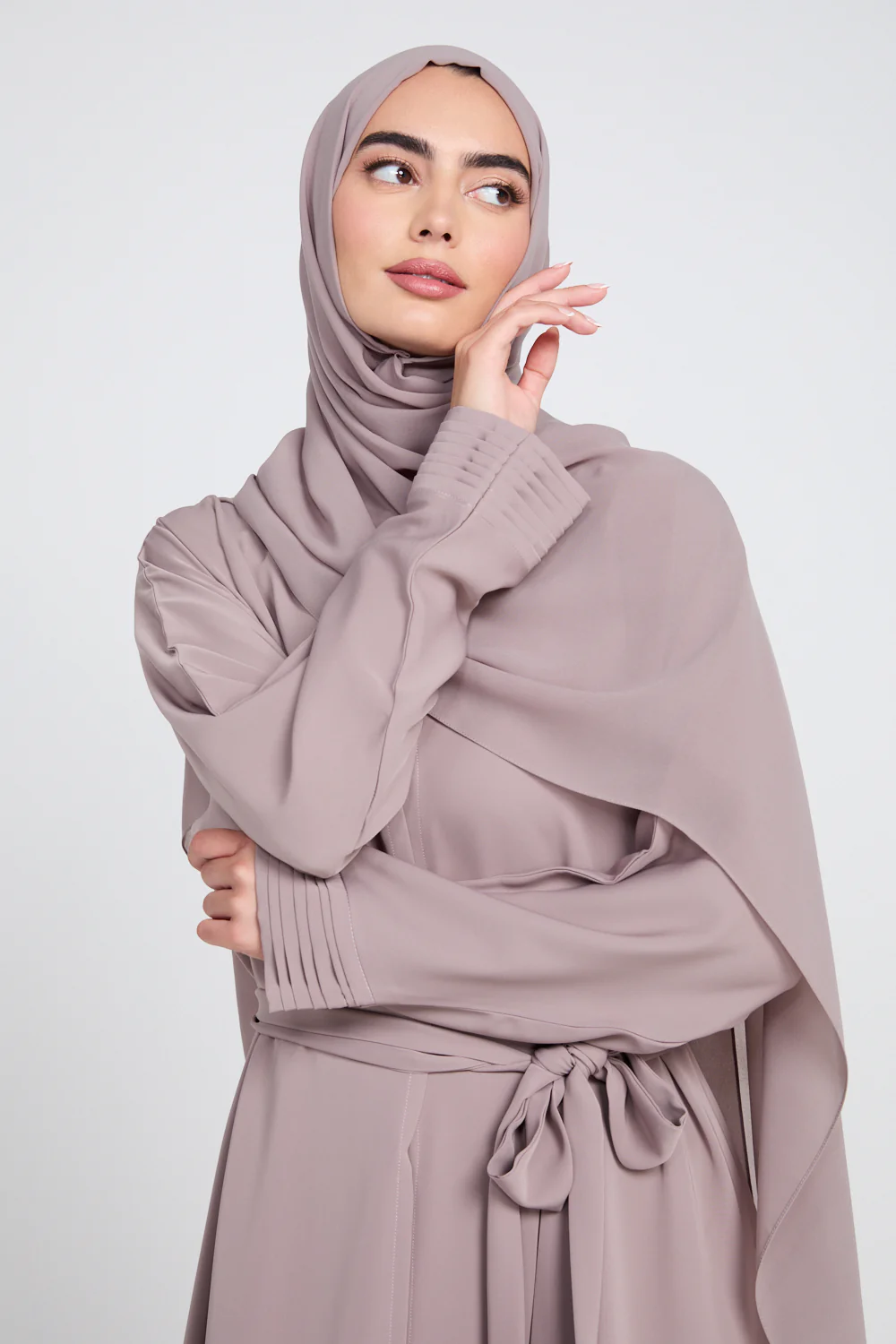 Premium Classic Open Abaya with Pleated Cuff - Blushed Mink - Image 2