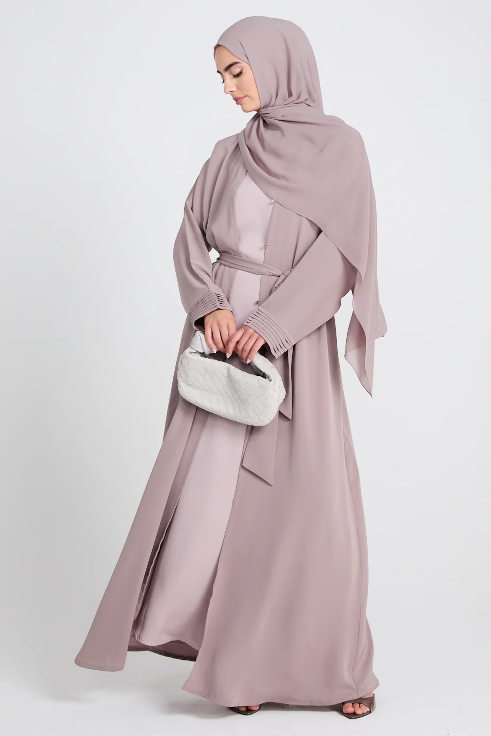 Premium Classic Open Abaya with Pleated Cuff - Blushed Mink - Image 5