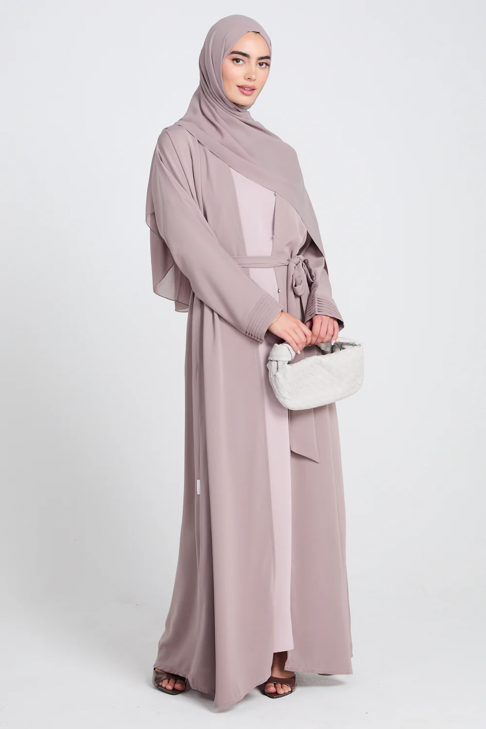 Premium Classic Open Abaya with Pleated Cuff - Blushed Mink - Image 6