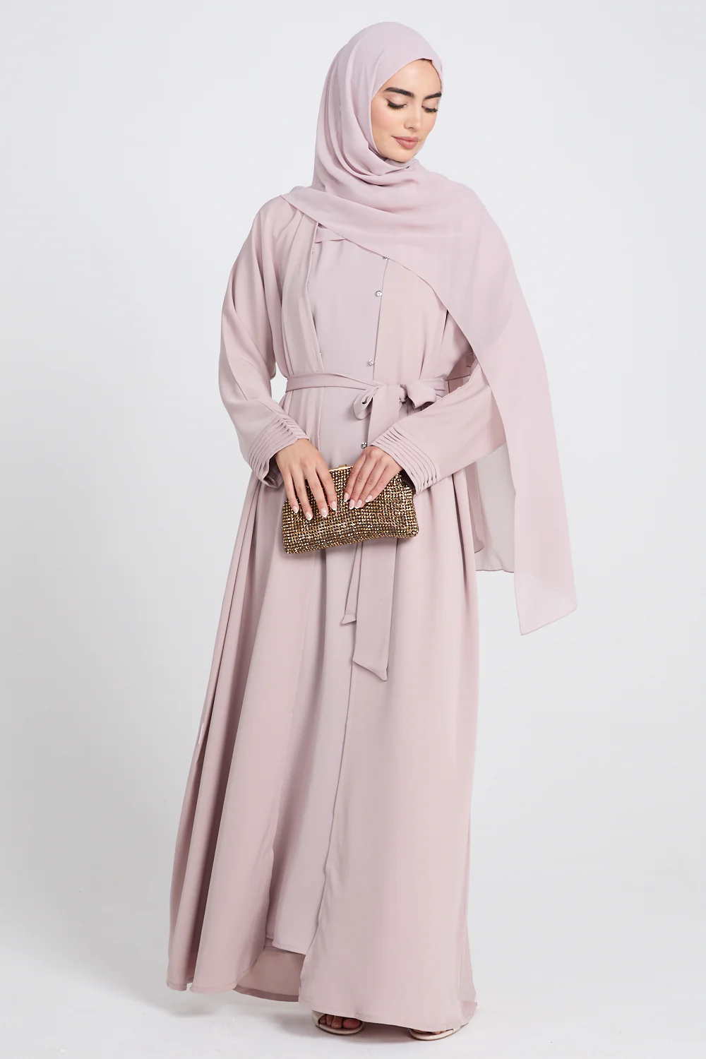 Premium Classic Open Abaya with Pleated Cuff Detailing - English Rose - Image 3
