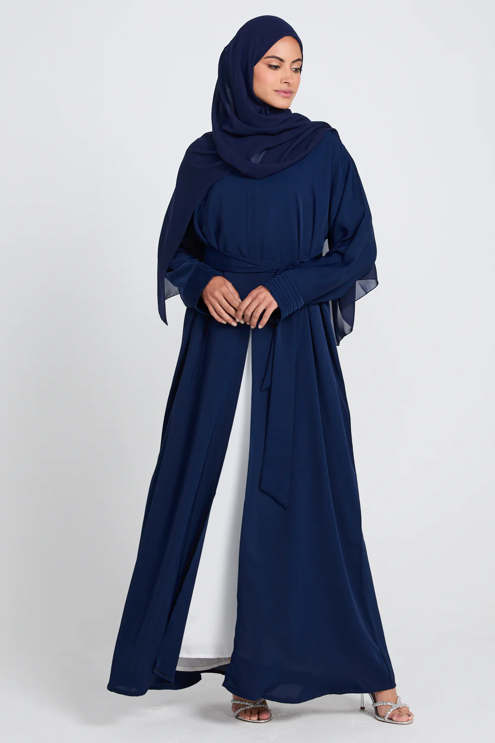Premium Classic Open Abaya with Pleated Cuff Detailing - Navy