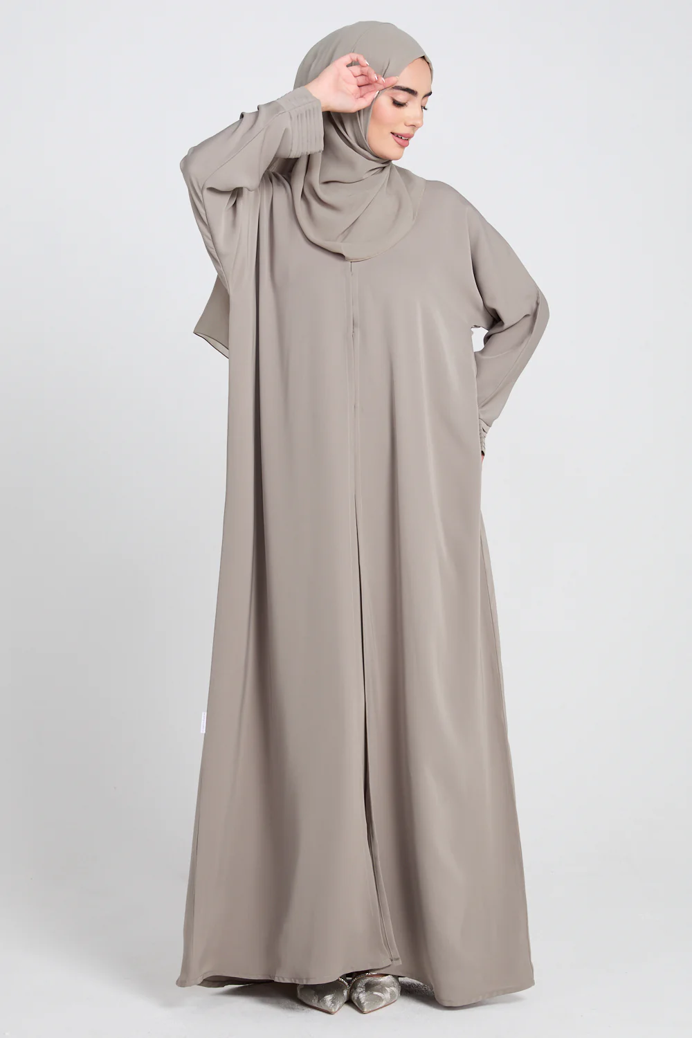 Premium Classic Open Abaya with Pleated Cuff Detailing - Olive Grey - Image 10
