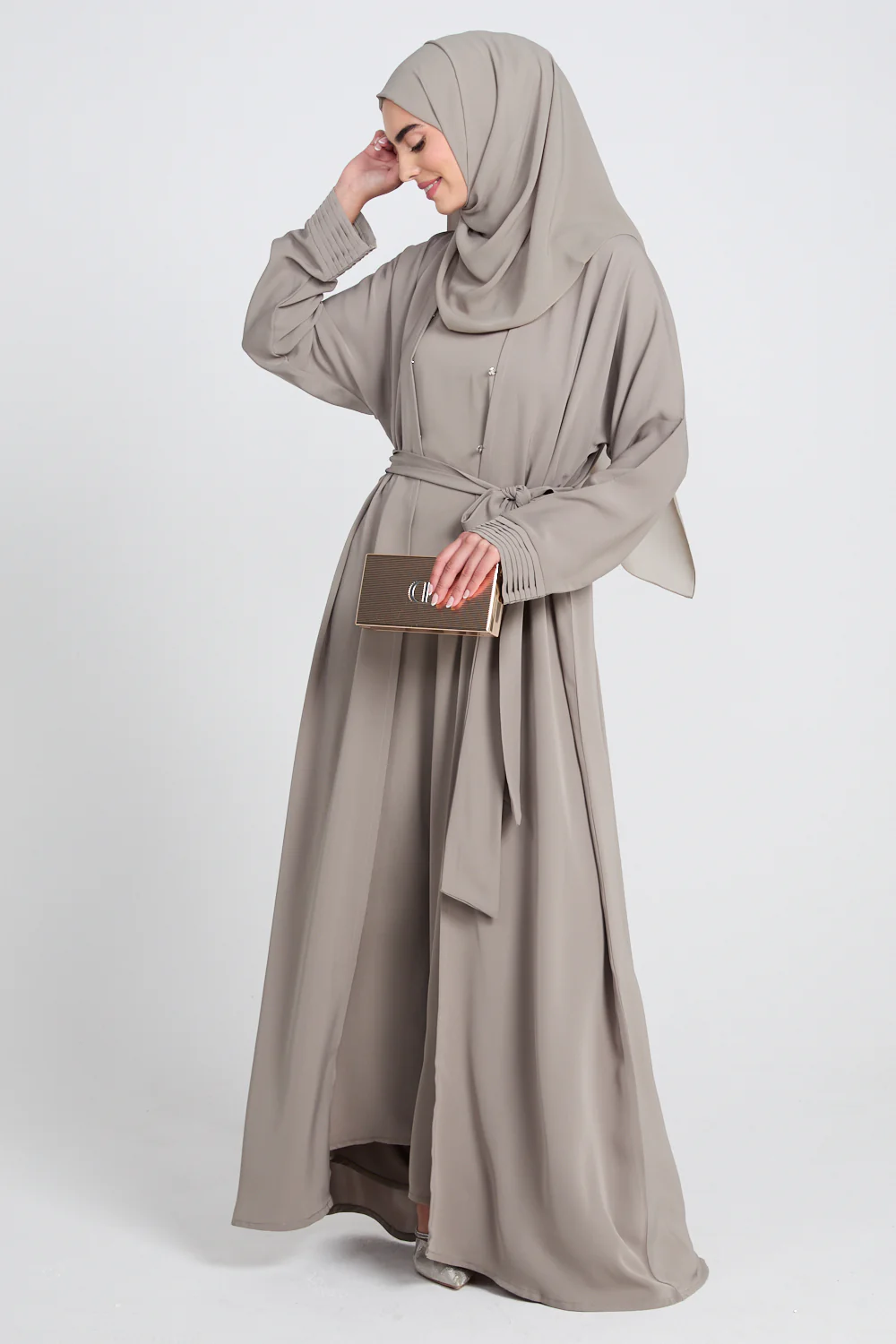 Premium Classic Open Abaya with Pleated Cuff Detailing - Olive Grey - Image 6
