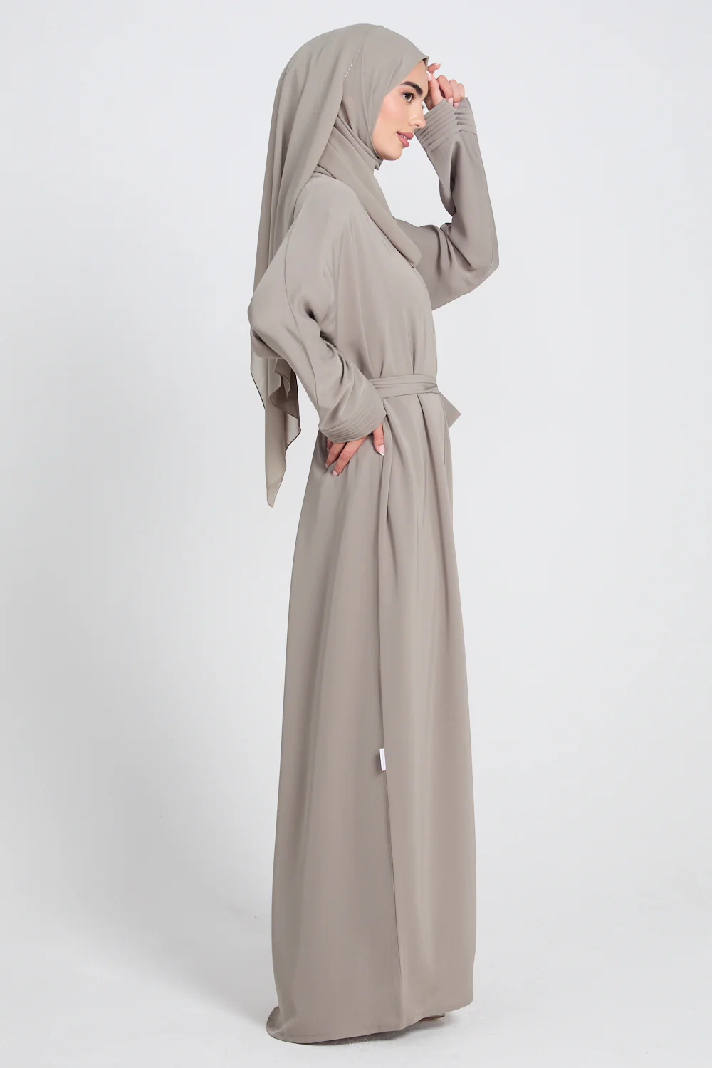 Premium Classic Open Abaya with Pleated Cuff Detailing - Olive Grey - Image 8