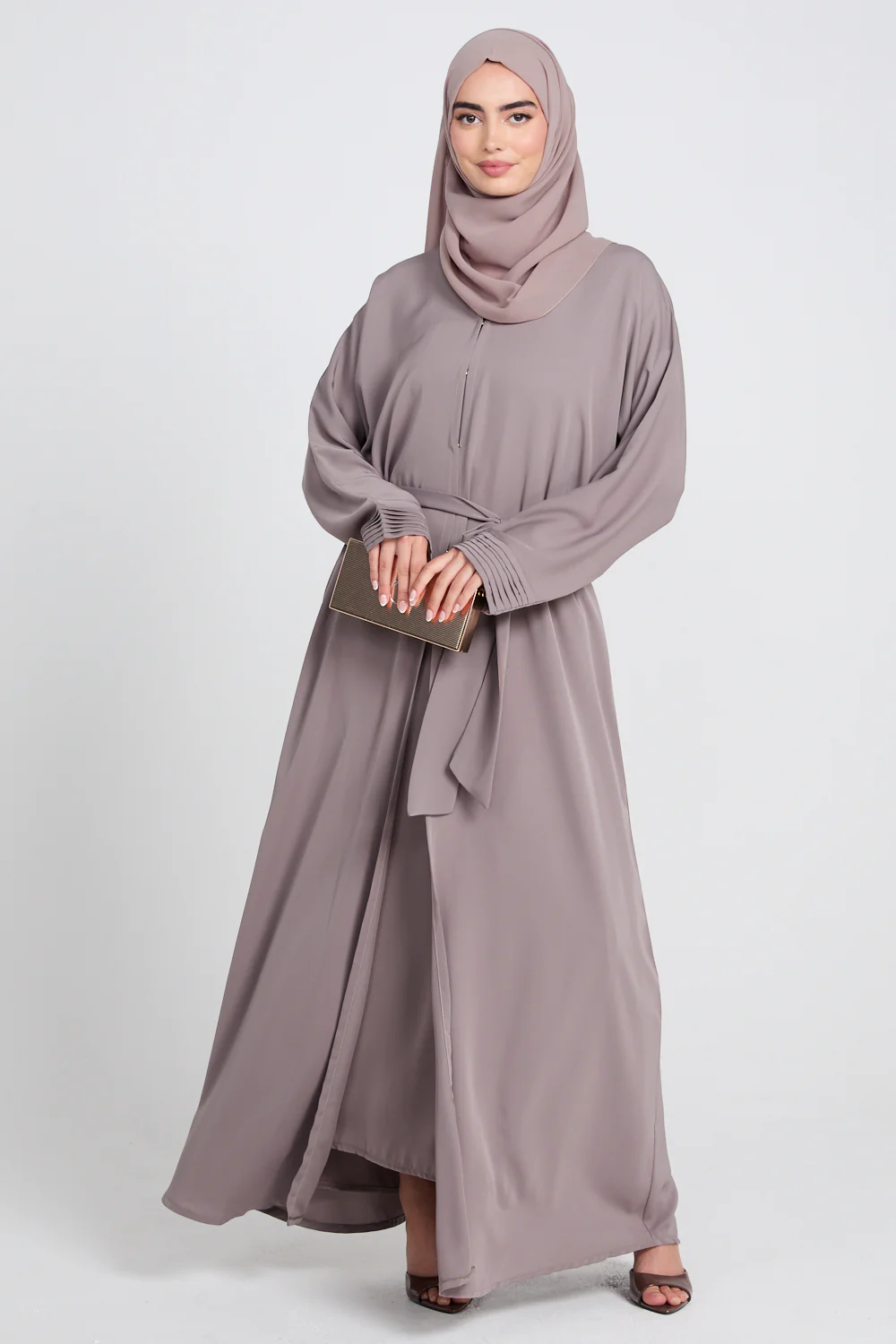 Premium Classic Open Abaya with Pleated Cuff Detailing - Taupe