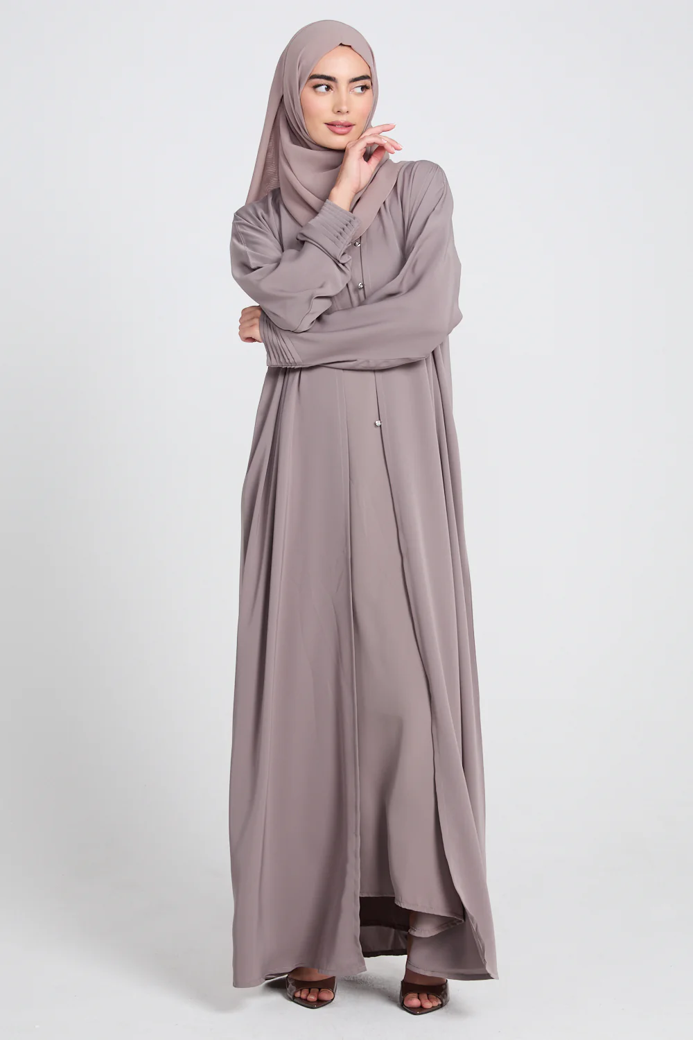 Premium Classic Open Abaya with Pleated Cuff Detailing - Taupe - Image 6