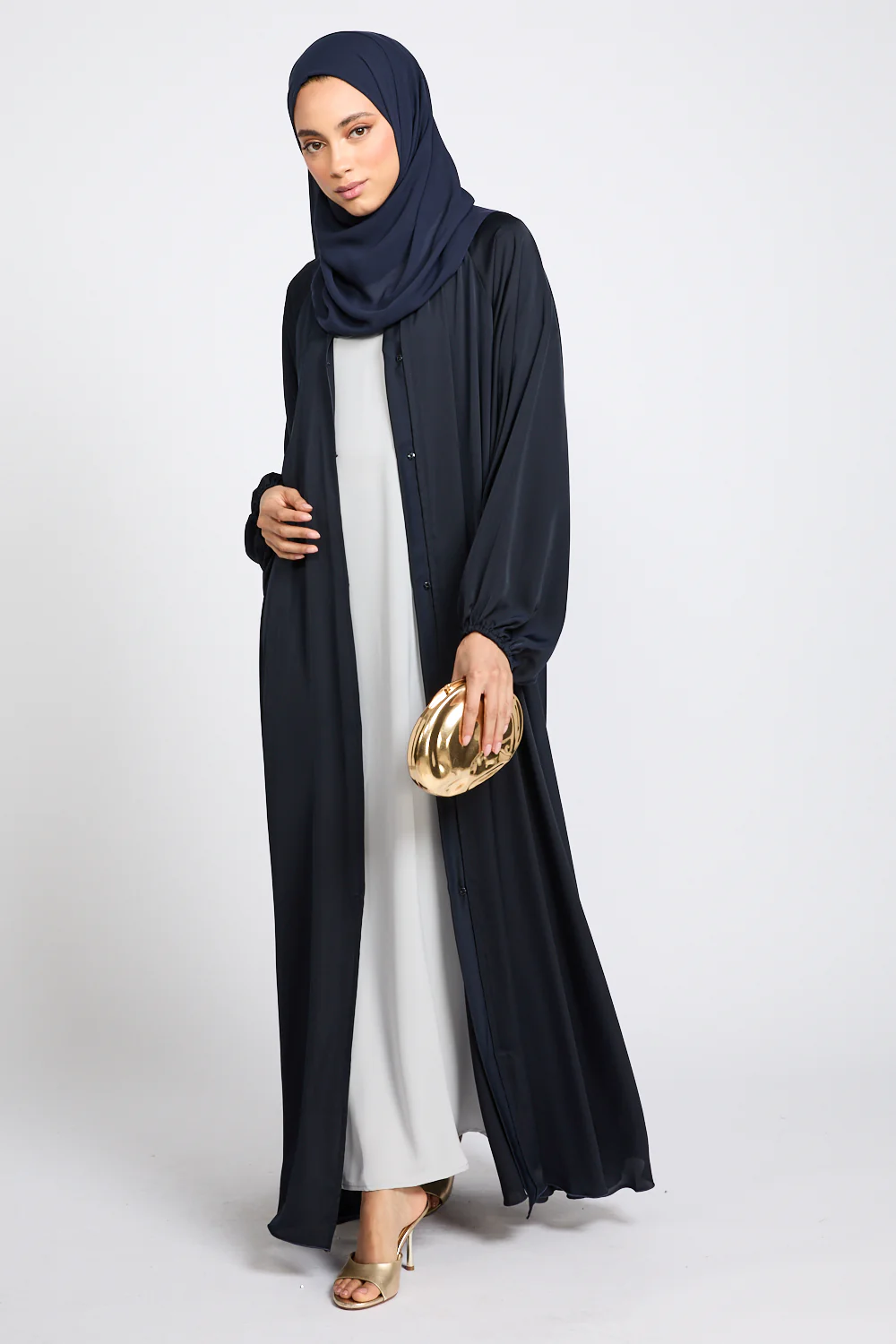 Premium Classic Umbrella Cut Open Abaya with Balloon Sleeves - Navy - Image 5