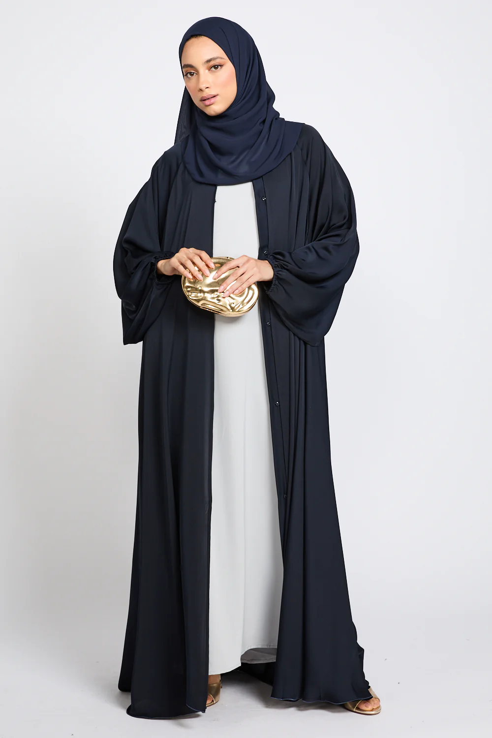 Premium Classic Umbrella Cut Open Abaya with Balloon Sleeves - Navy - Image 6