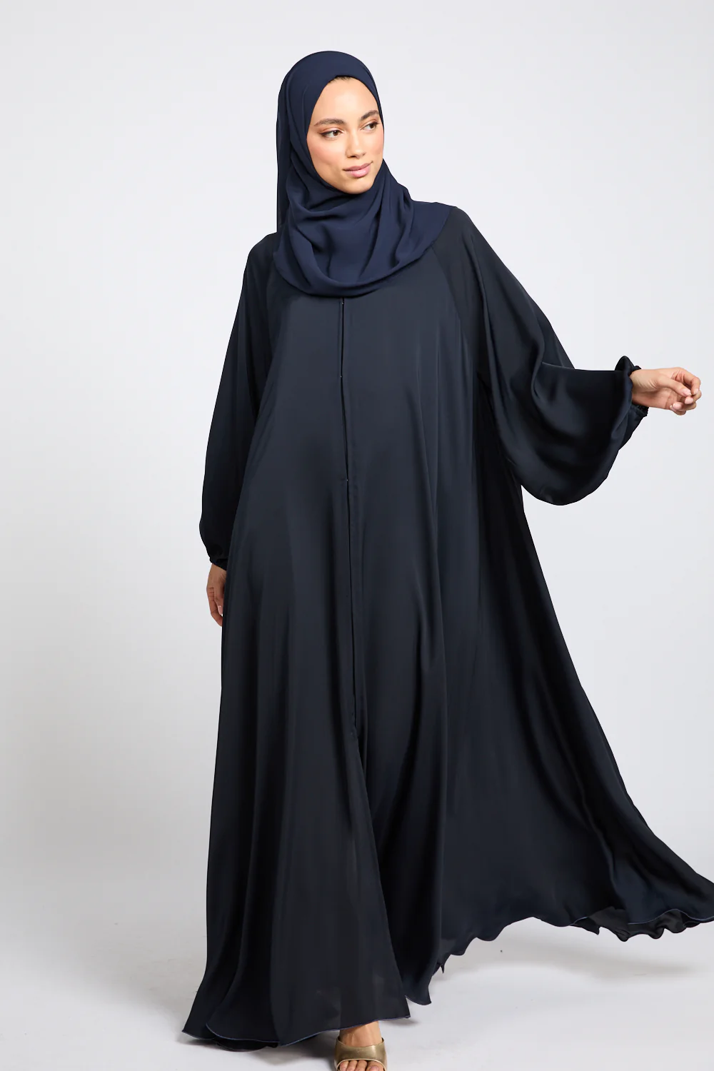 Premium Classic Umbrella Cut Open Abaya with Balloon Sleeves - Navy - Image 7