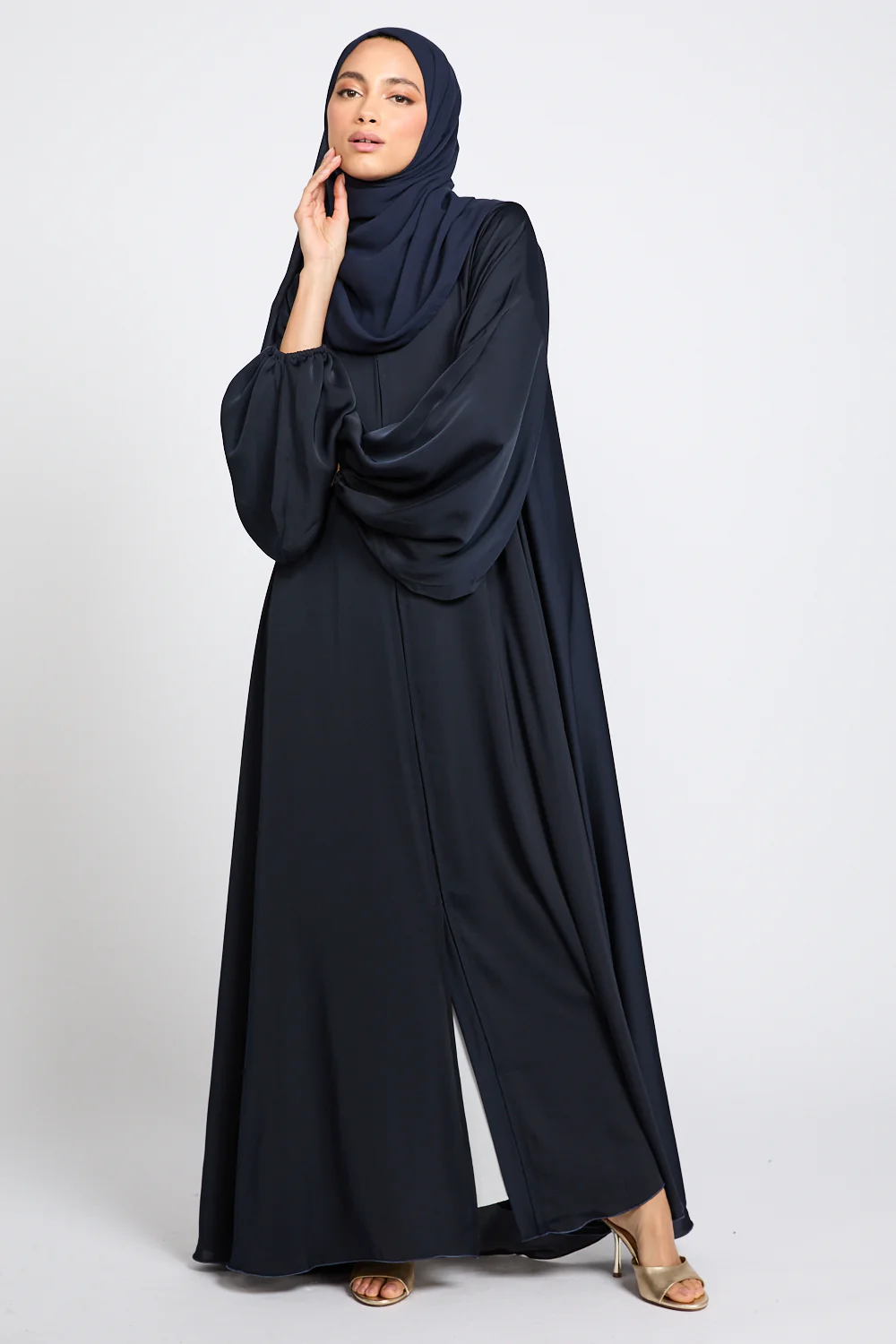 Premium Classic Umbrella Cut Open Abaya with Balloon Sleeves - Navy - Image 8
