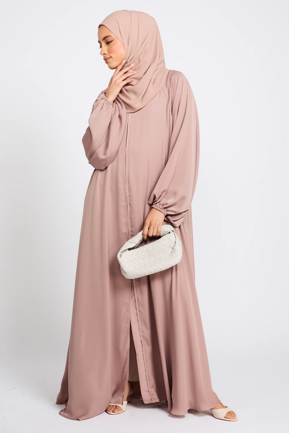 Premium Classic Umbrella Cut Open Abaya with Balloon Sleeves - Rose Dust