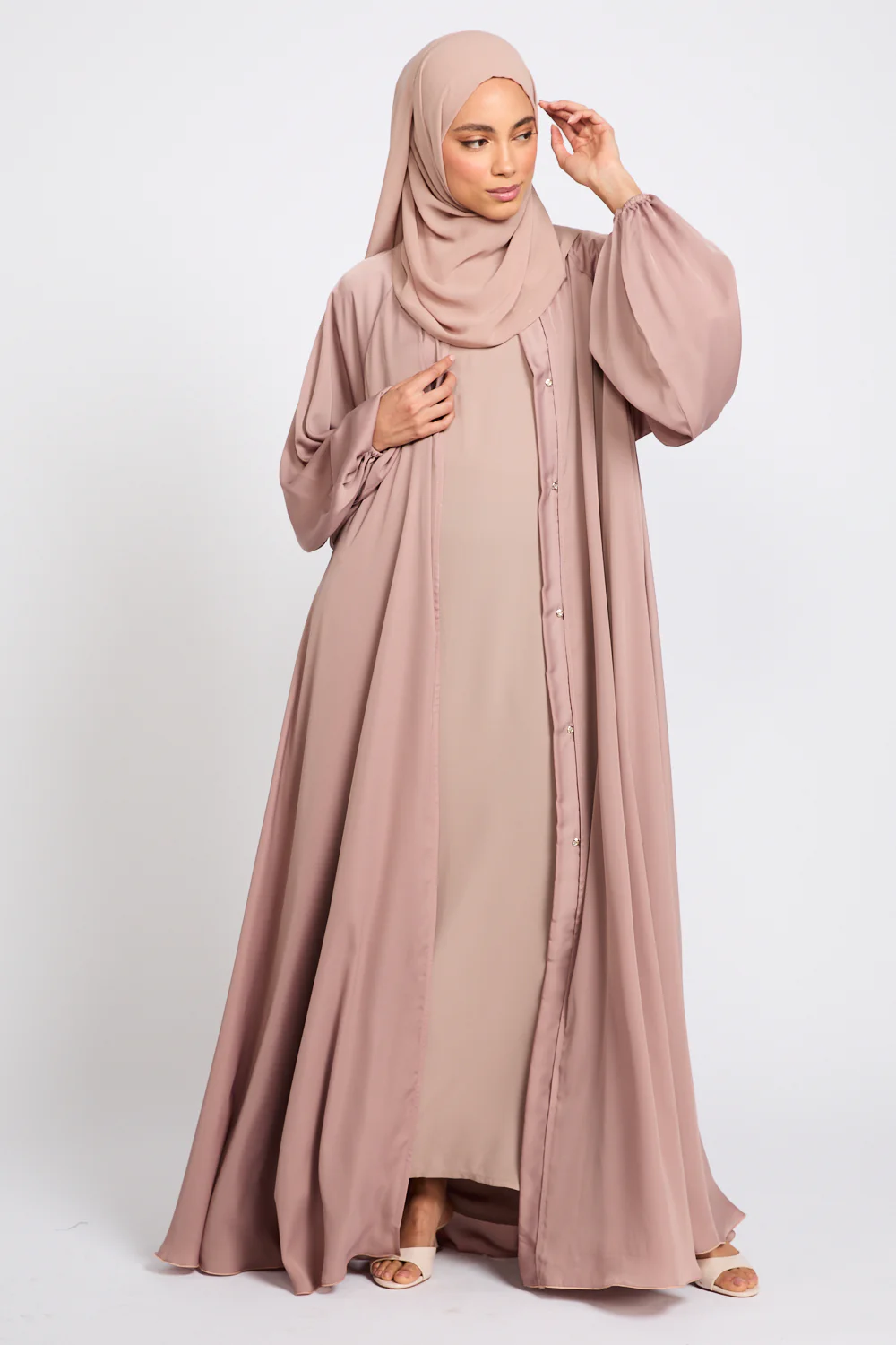 Premium Classic Umbrella Cut Open Abaya with Balloon Sleeves - Rose Dust - Image 3
