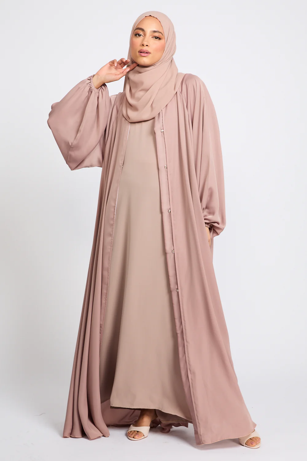 Premium Classic Umbrella Cut Open Abaya with Balloon Sleeves - Rose Dust - Image 5