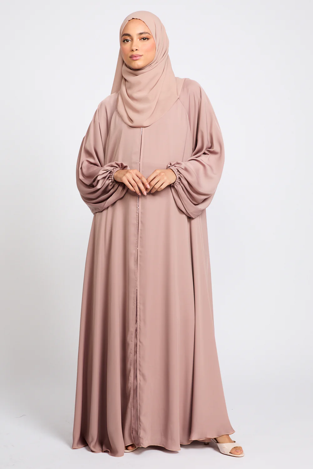 Premium Classic Umbrella Cut Open Abaya with Balloon Sleeves - Rose Dust - Image 6