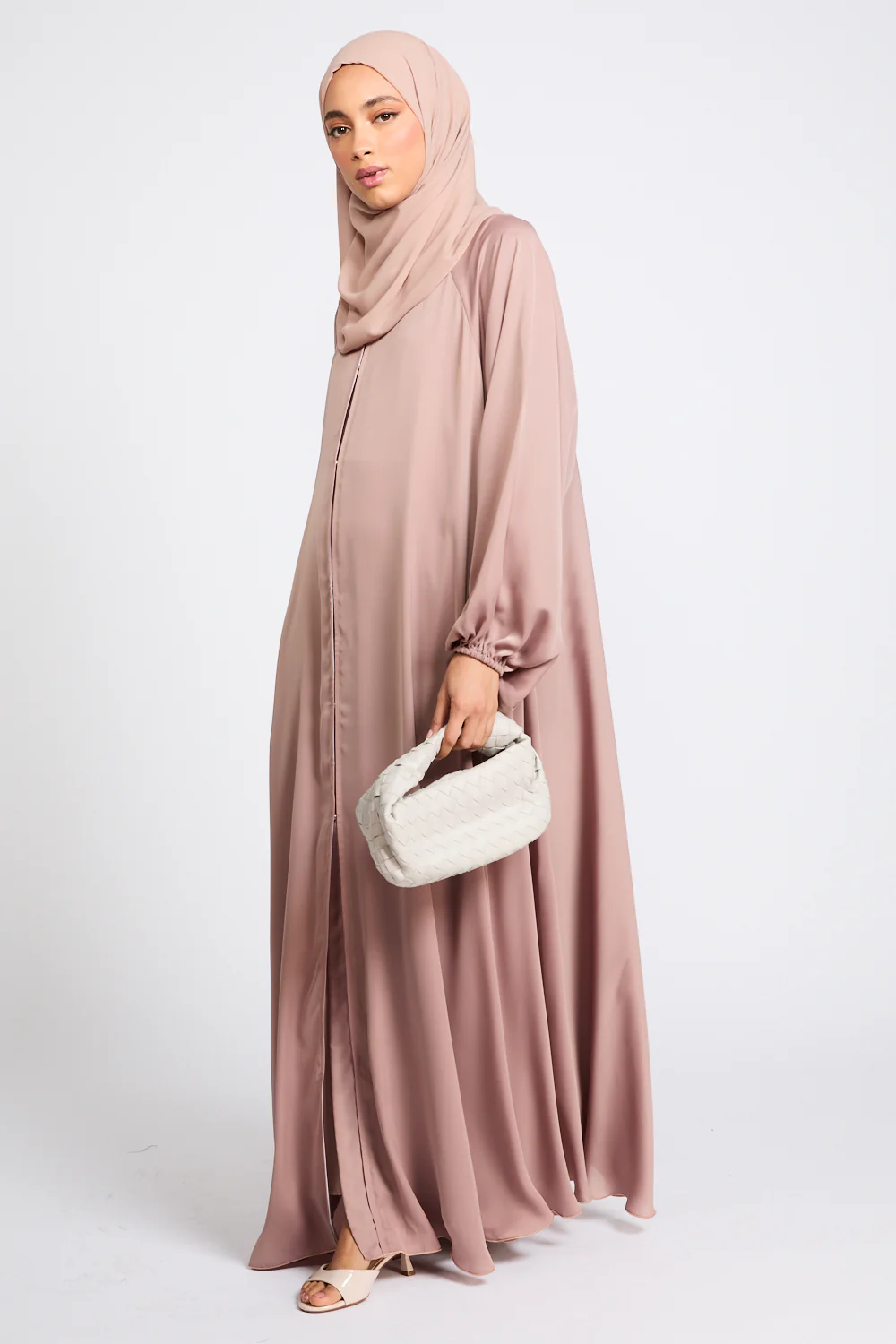 Premium Classic Umbrella Cut Open Abaya with Balloon Sleeves - Rose Dust - Image 7
