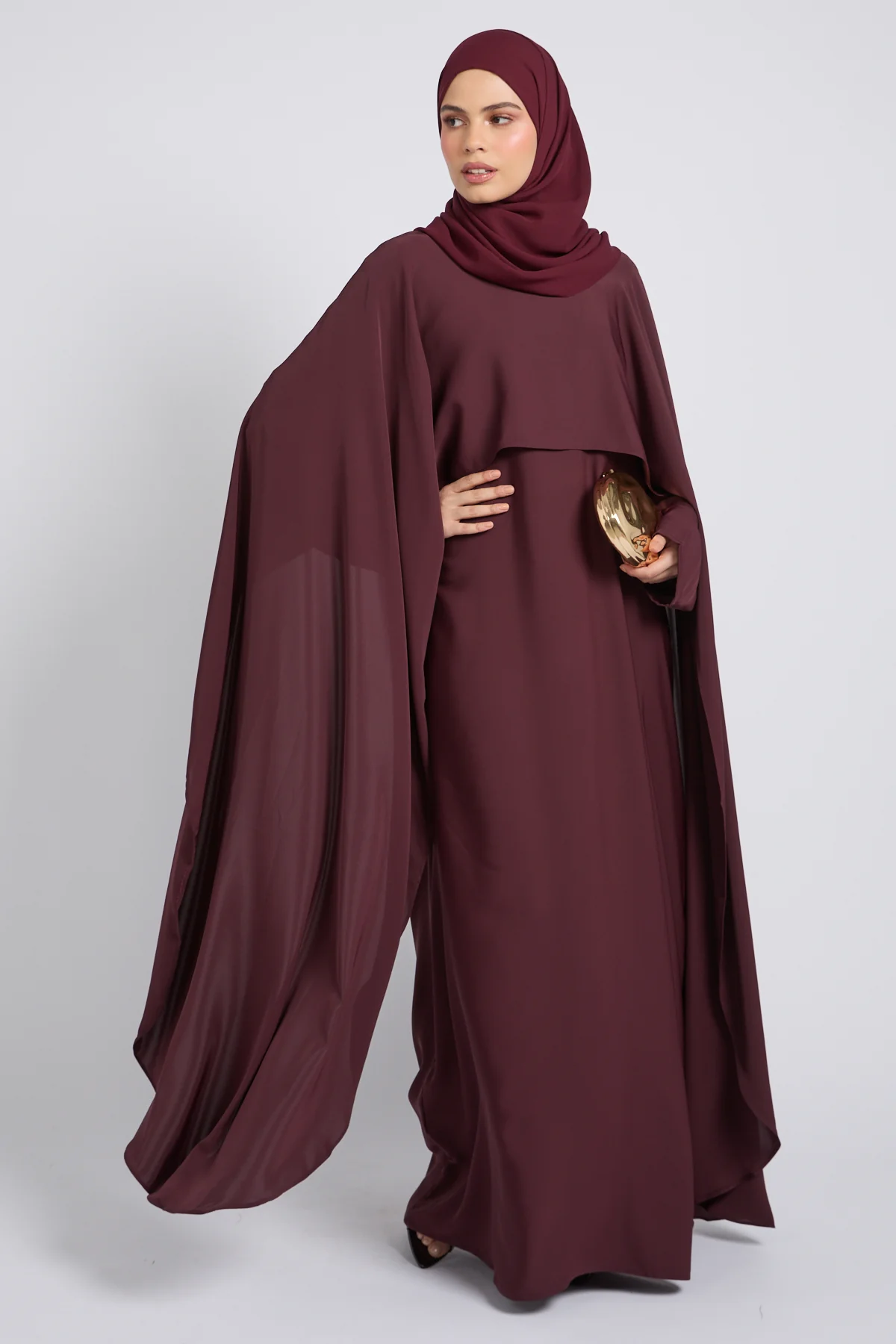 Premium Closed Abaya with Draped Veil – Dusky Berry