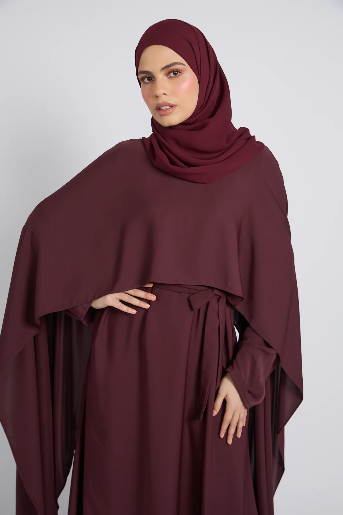 Premium Closed Abaya with Draped Veil – Dusky Berry - Image 2