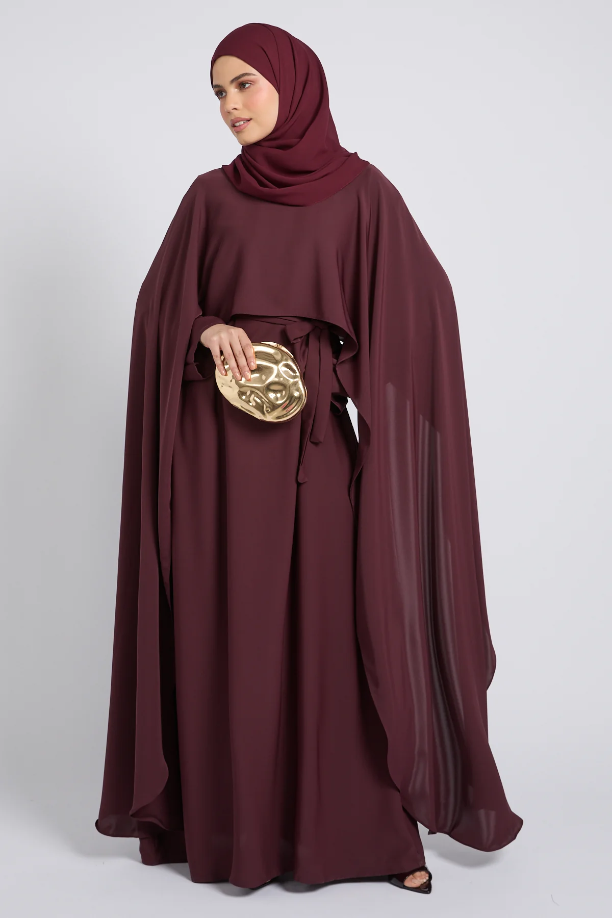 Premium Closed Abaya with Draped Veil – Dusky Berry - Image 3