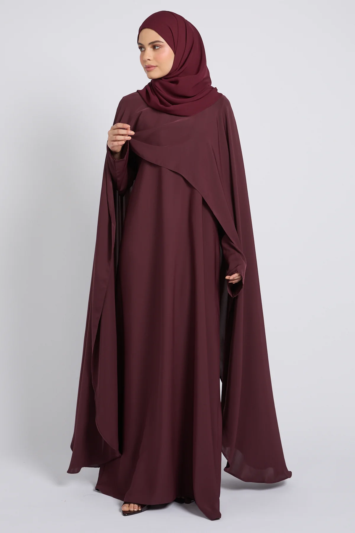 Premium Closed Abaya with Draped Veil – Dusky Berry - Image 4