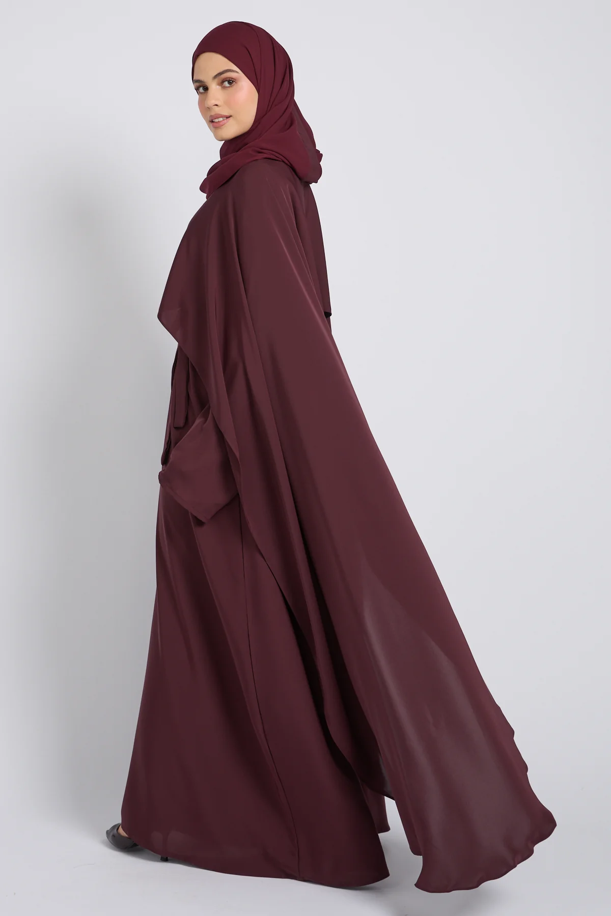 Premium Closed Abaya with Draped Veil – Dusky Berry - Image 5