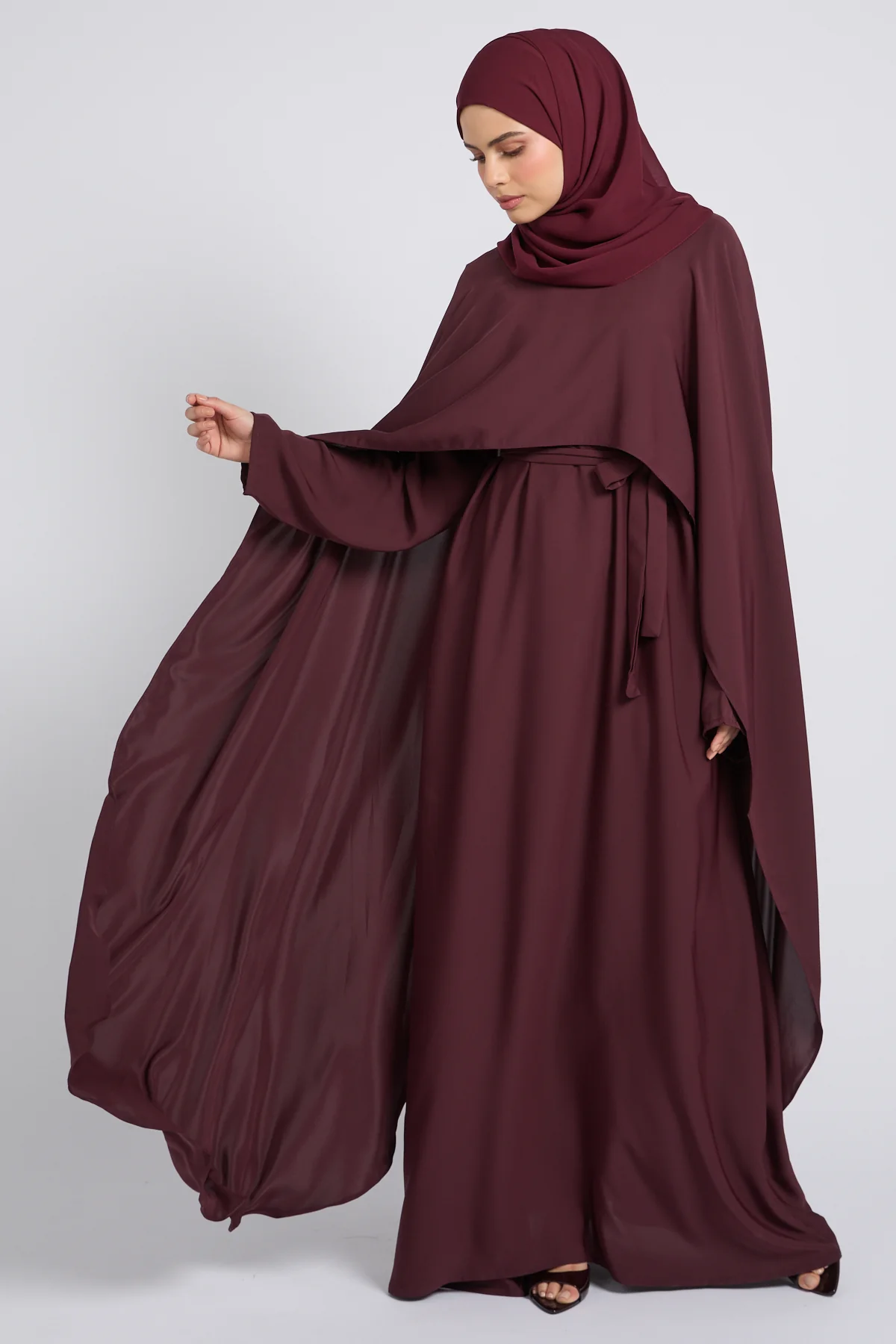 Premium Closed Abaya with Draped Veil – Dusky Berry - Image 6