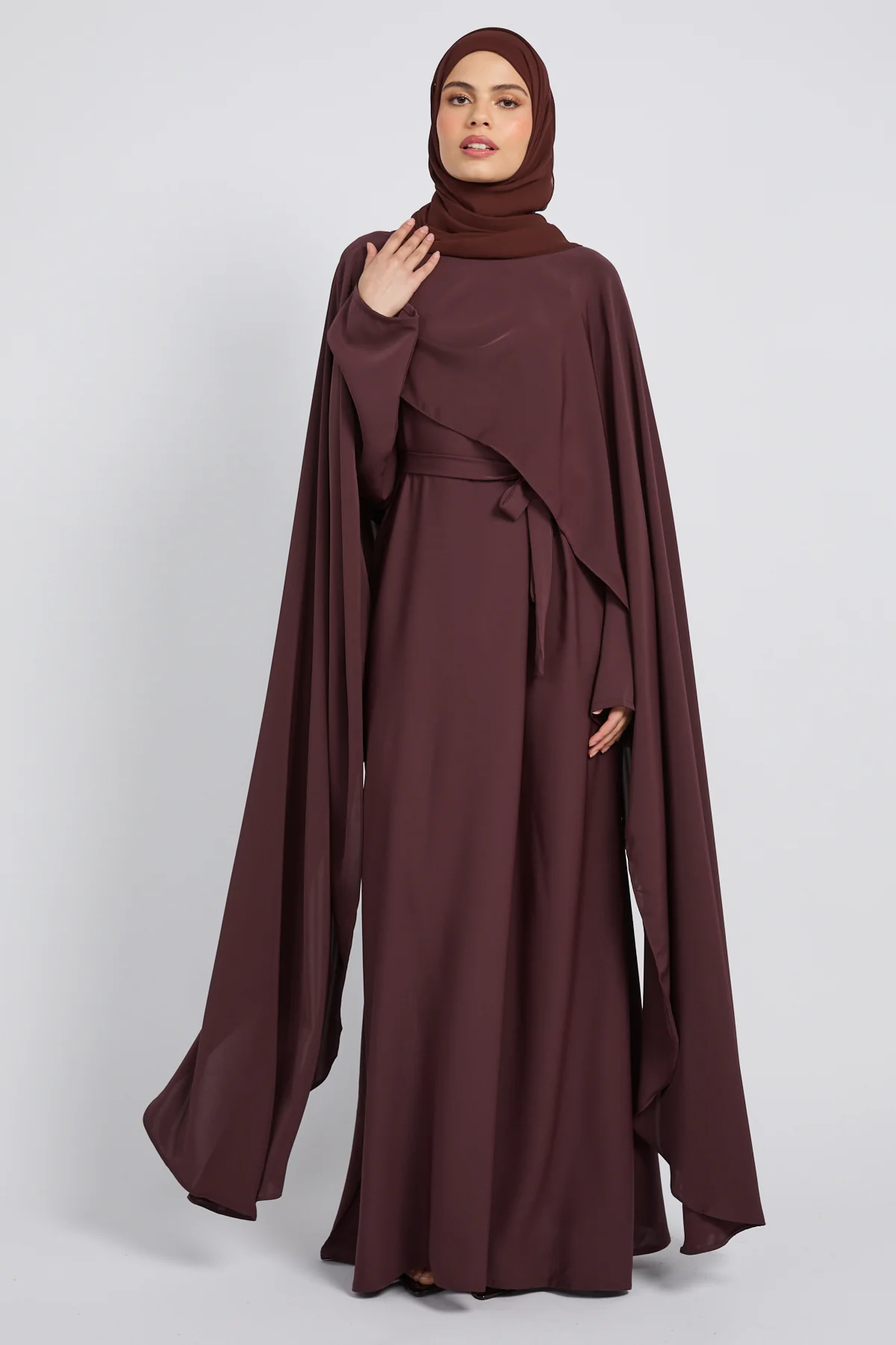 Premium Closed Abaya with Draped Veil – Espresso Berry