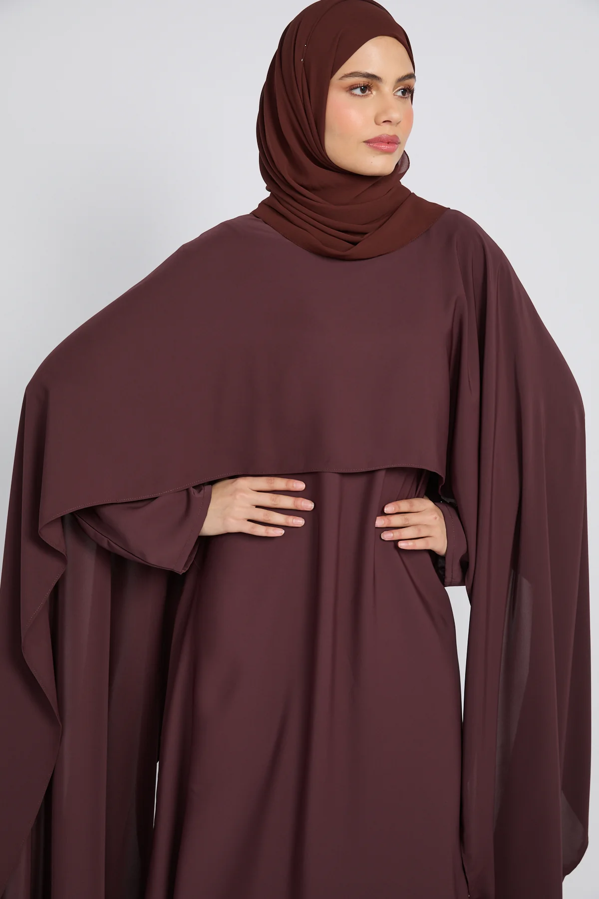 Premium Closed Abaya with Draped Veil – Espresso Berry - Image 2