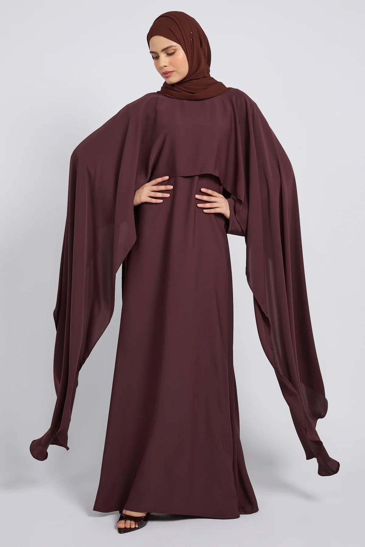 Premium Closed Abaya with Draped Veil – Espresso Berry - Image 3