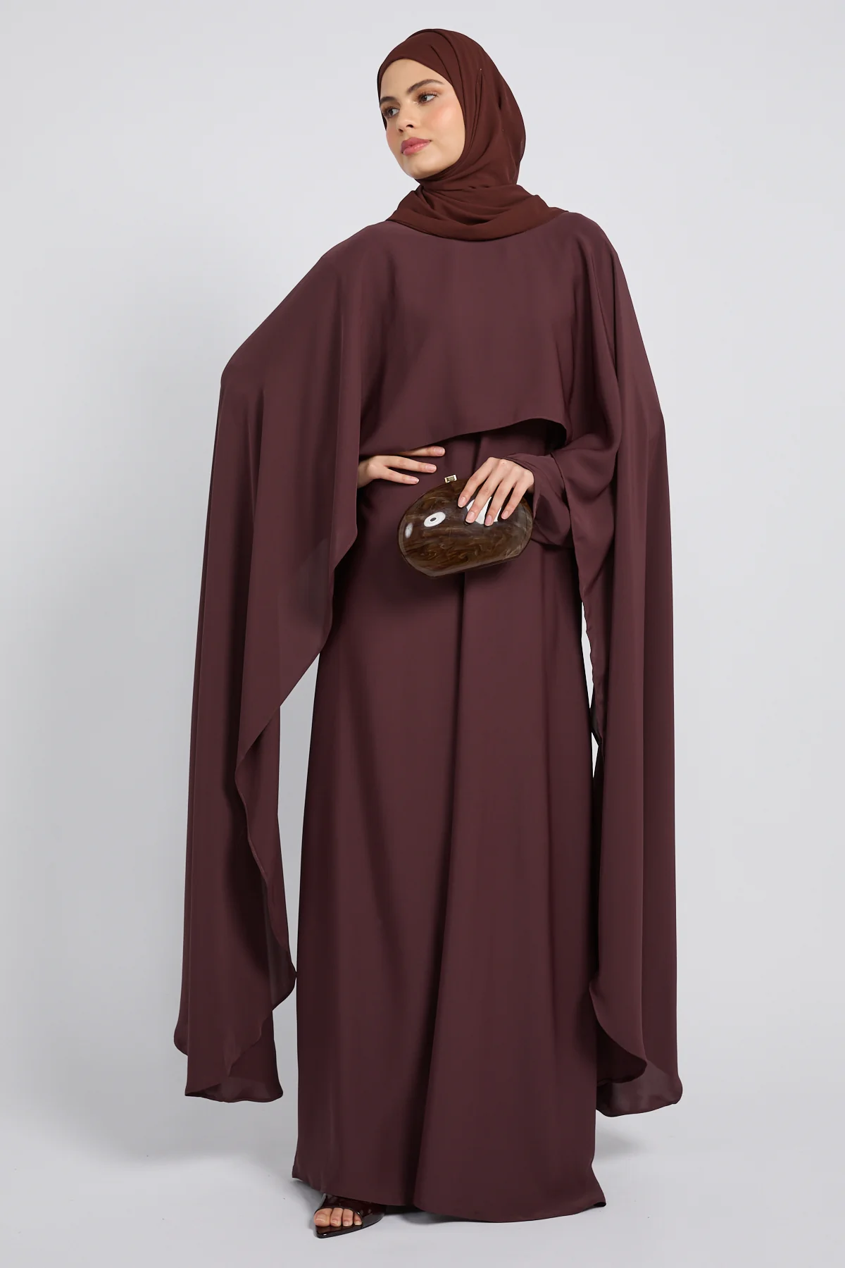 Premium Closed Abaya with Draped Veil – Espresso Berry - Image 8