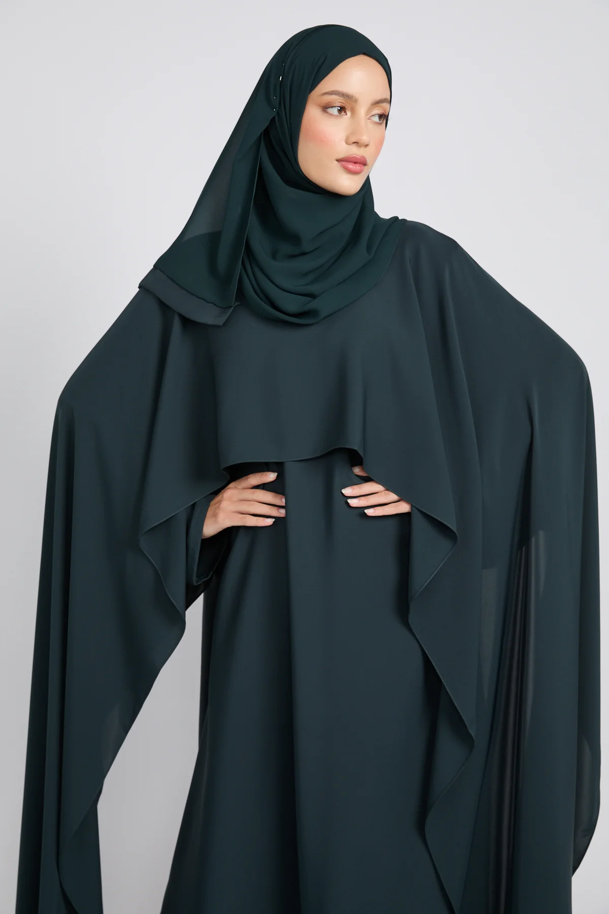Premium Closed Abaya with Draped Veil – Midnight Green - Image 2