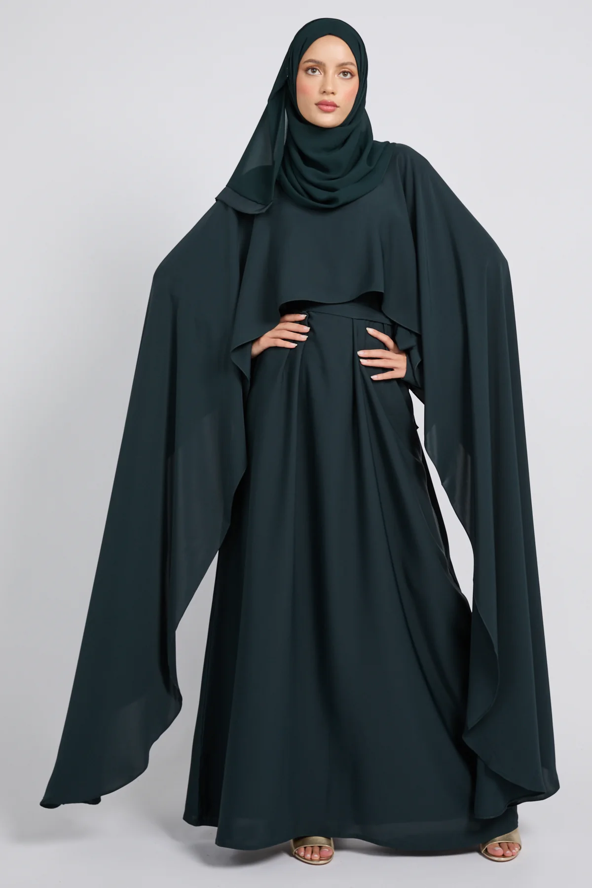 Premium Closed Abaya with Draped Veil – Midnight Green - Image 3