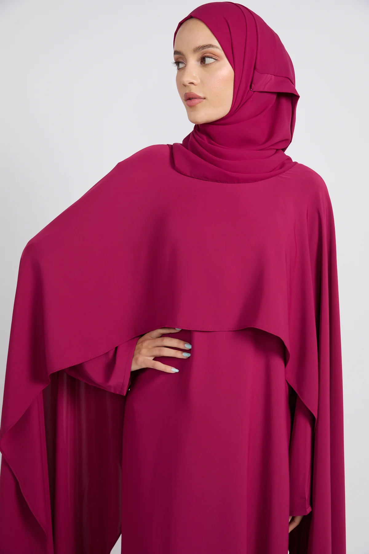 Premium Closed Abaya with Draped Veil – Rose Fuchsia - Image 2