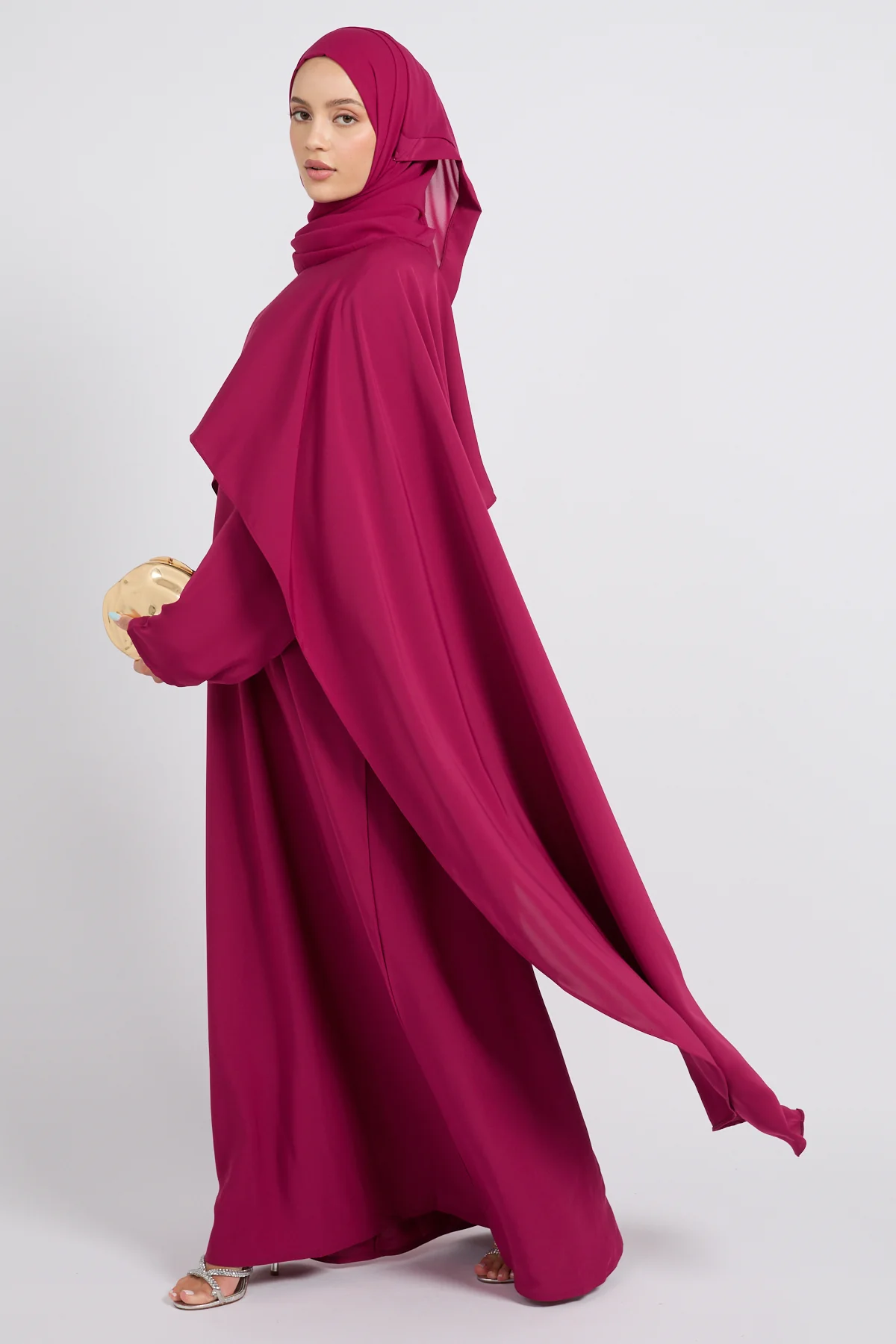 Premium Closed Abaya with Draped Veil – Rose Fuchsia - Image 3