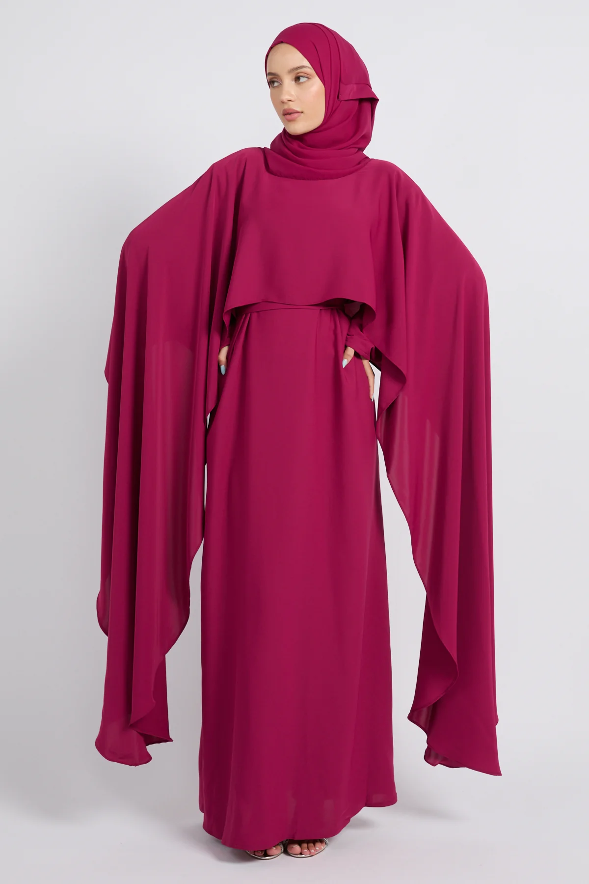 Premium Closed Abaya with Draped Veil – Rose Fuchsia - Image 4
