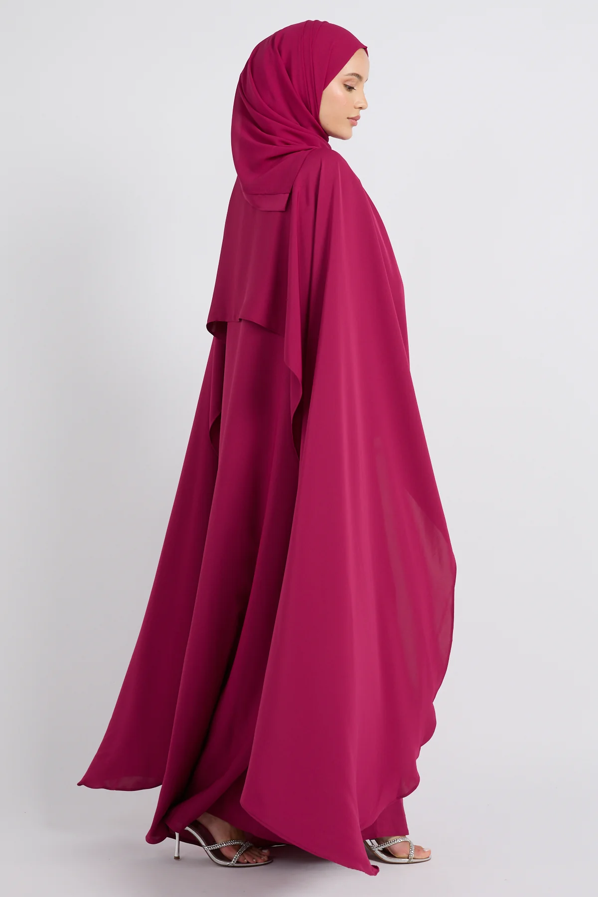 Premium Closed Abaya with Draped Veil – Rose Fuchsia - Image 7