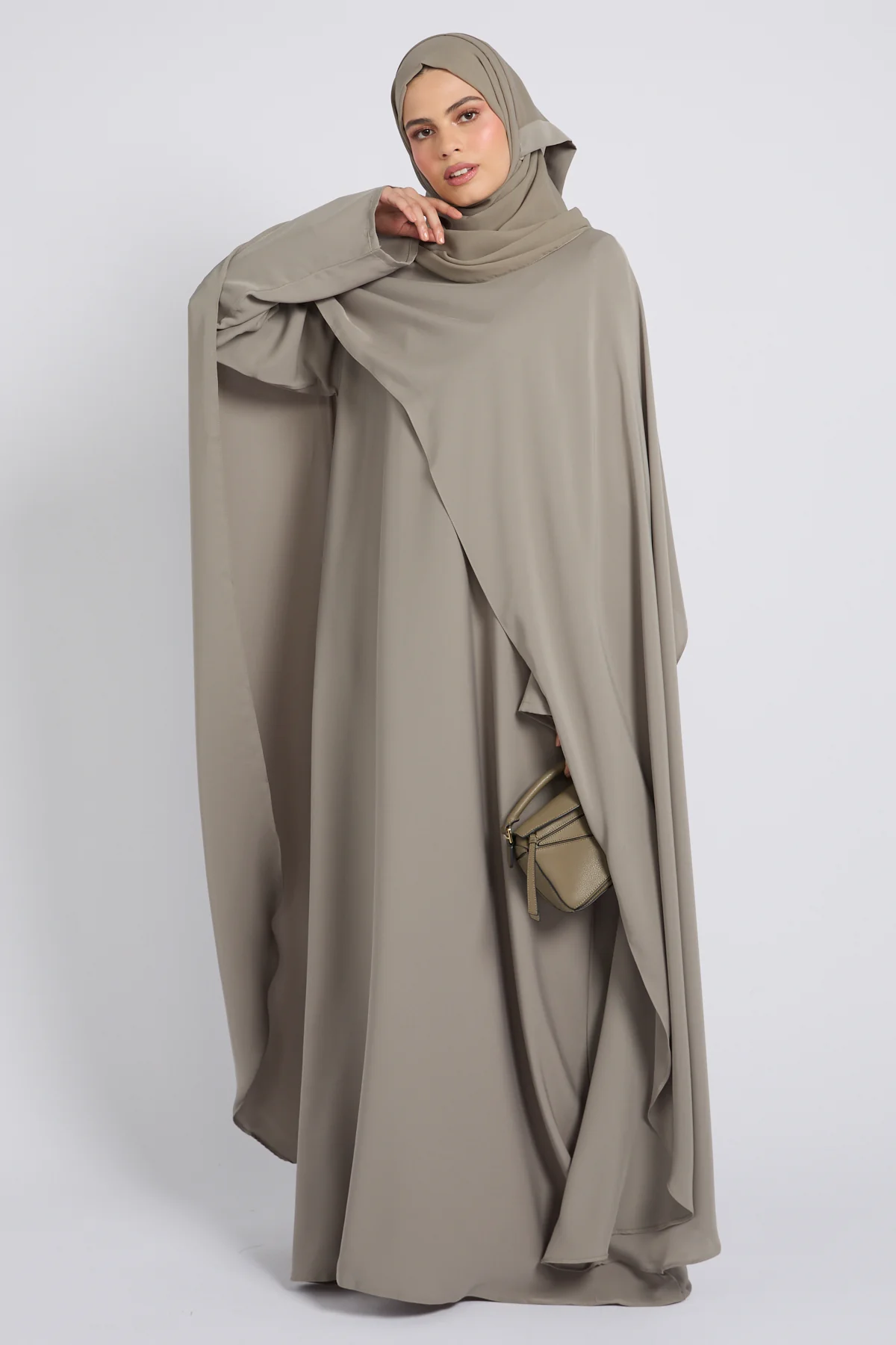 Premium Closed Abaya with Draped Veil – Sage Grey - Image 5