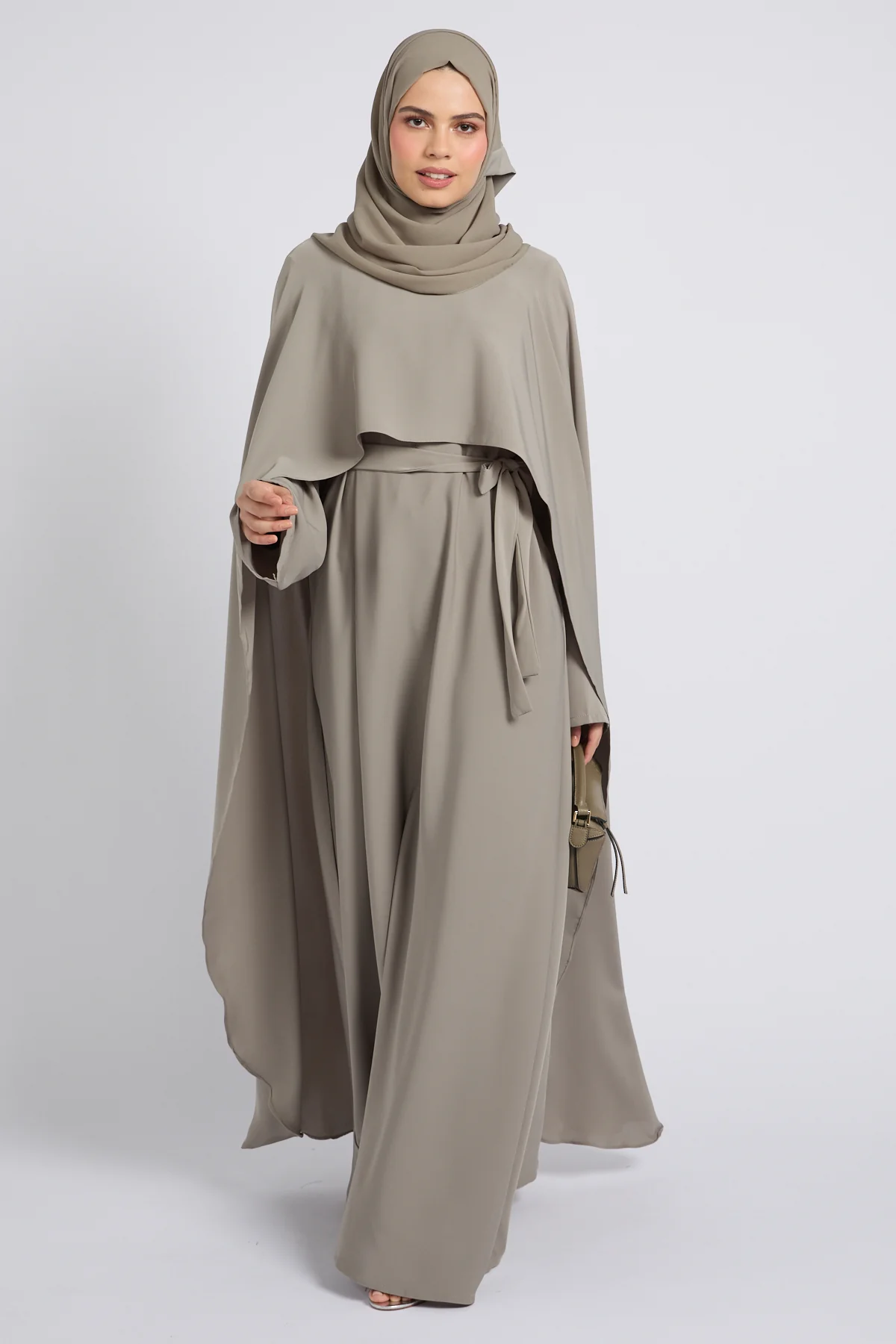 Premium Closed Abaya with Draped Veil – Sage Grey - Image 7