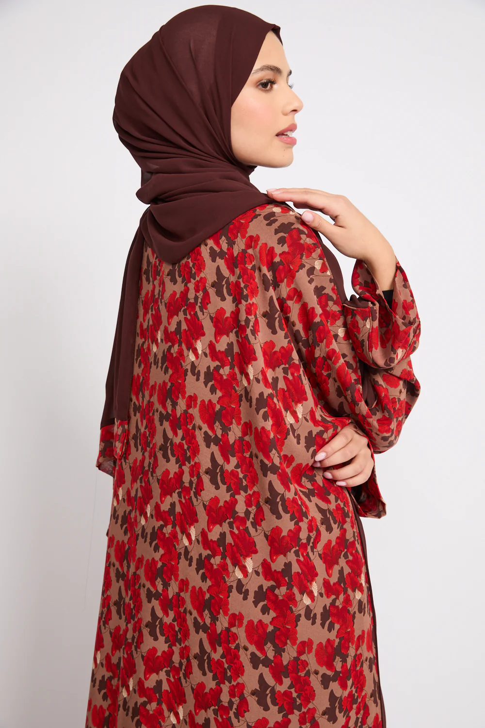 Premium Cocoa Rouge Floral Open Abaya - LIMITED EDITION - Image 2