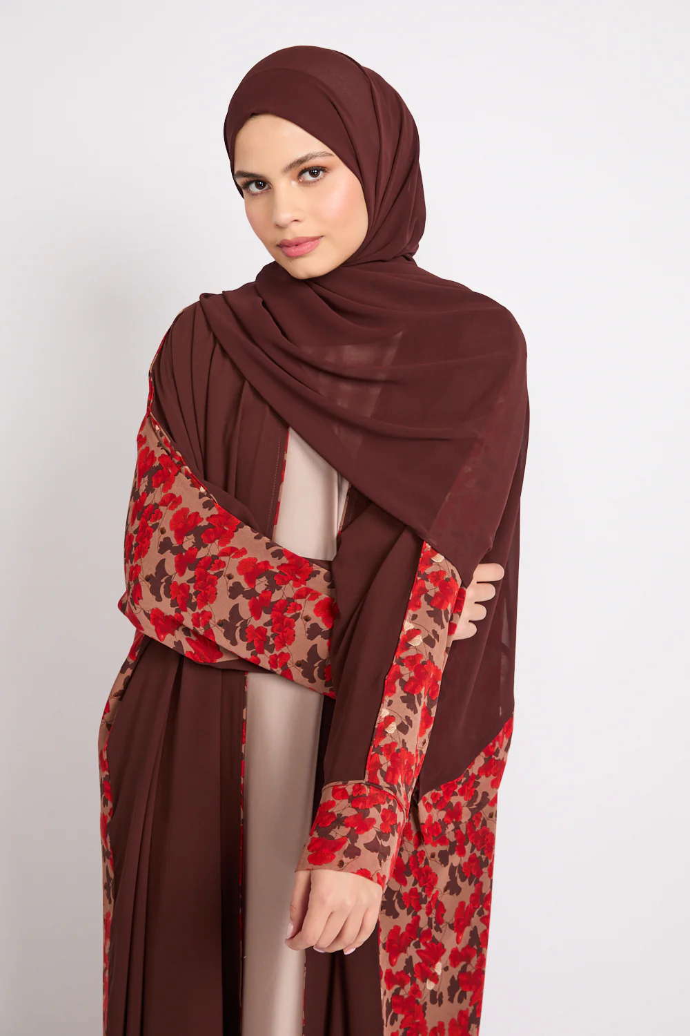 Premium Cocoa Rouge Floral Open Abaya - LIMITED EDITION - Image 3