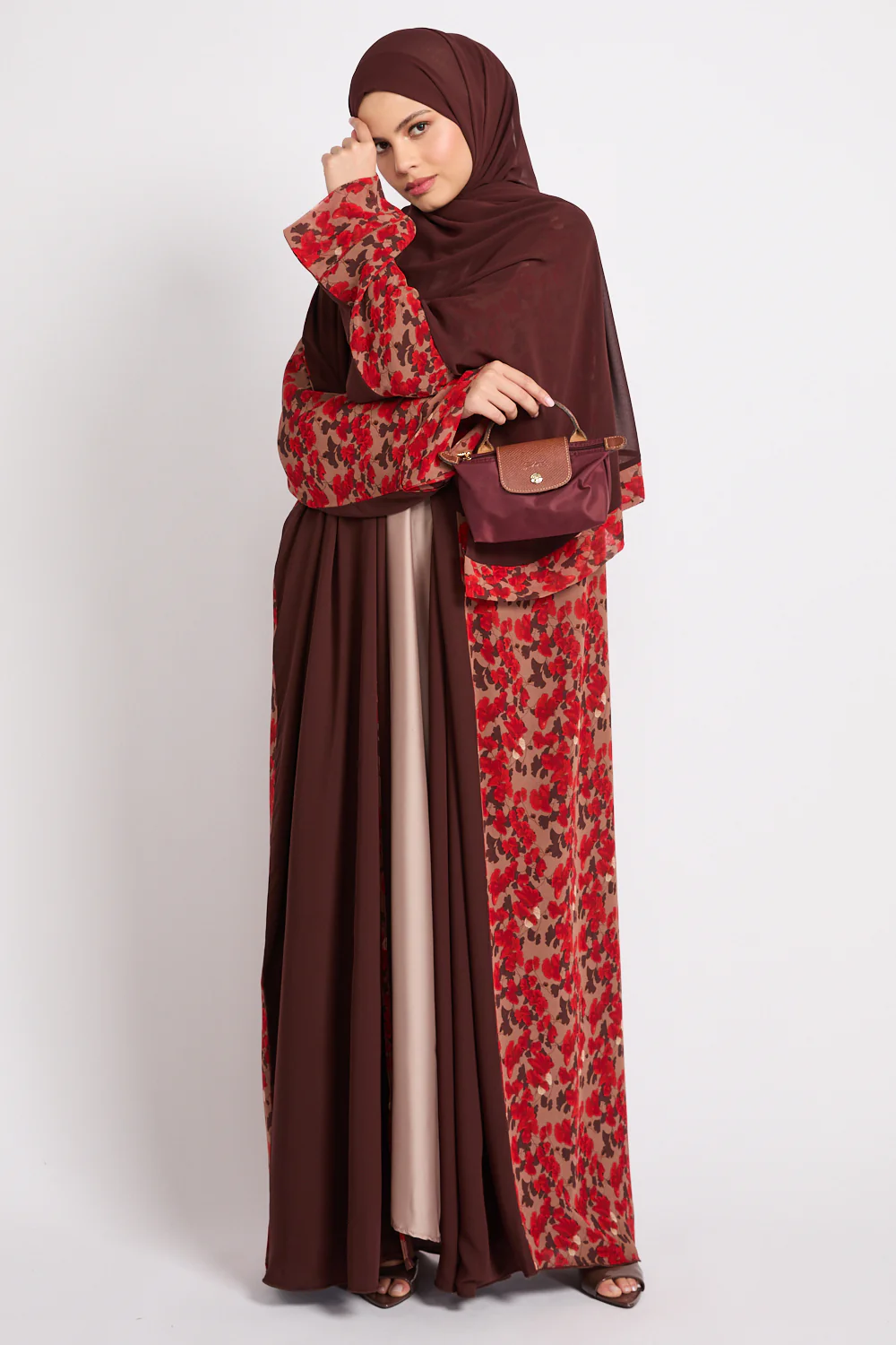 Premium Cocoa Rouge Floral Open Abaya - LIMITED EDITION - Image 5