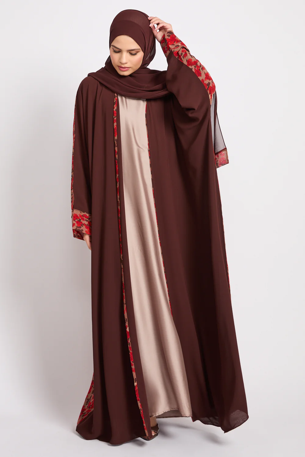 Premium Cocoa Rouge Floral Open Abaya - LIMITED EDITION - Image 7