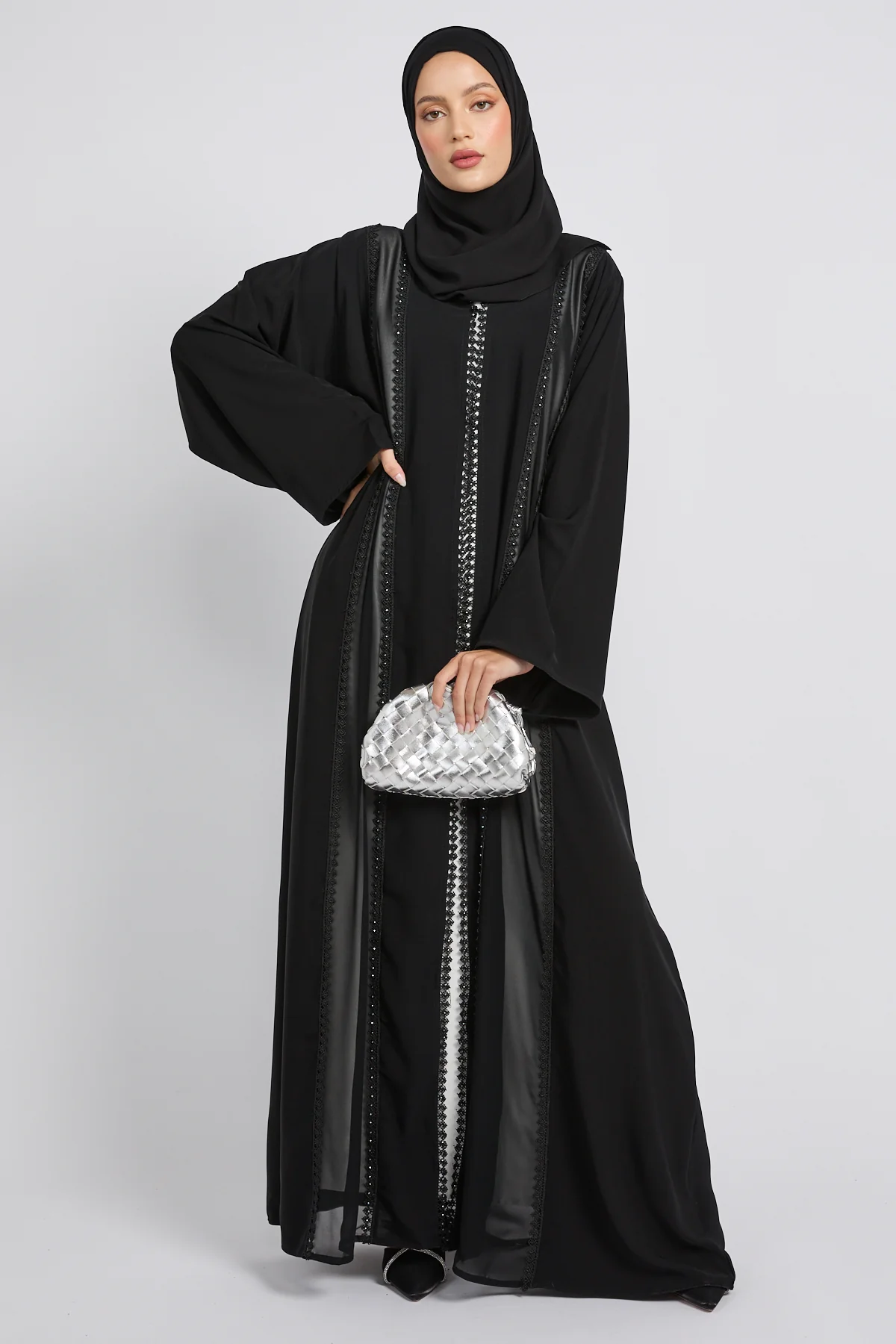 Premium Dainty Lace Panel Open Abaya - Black