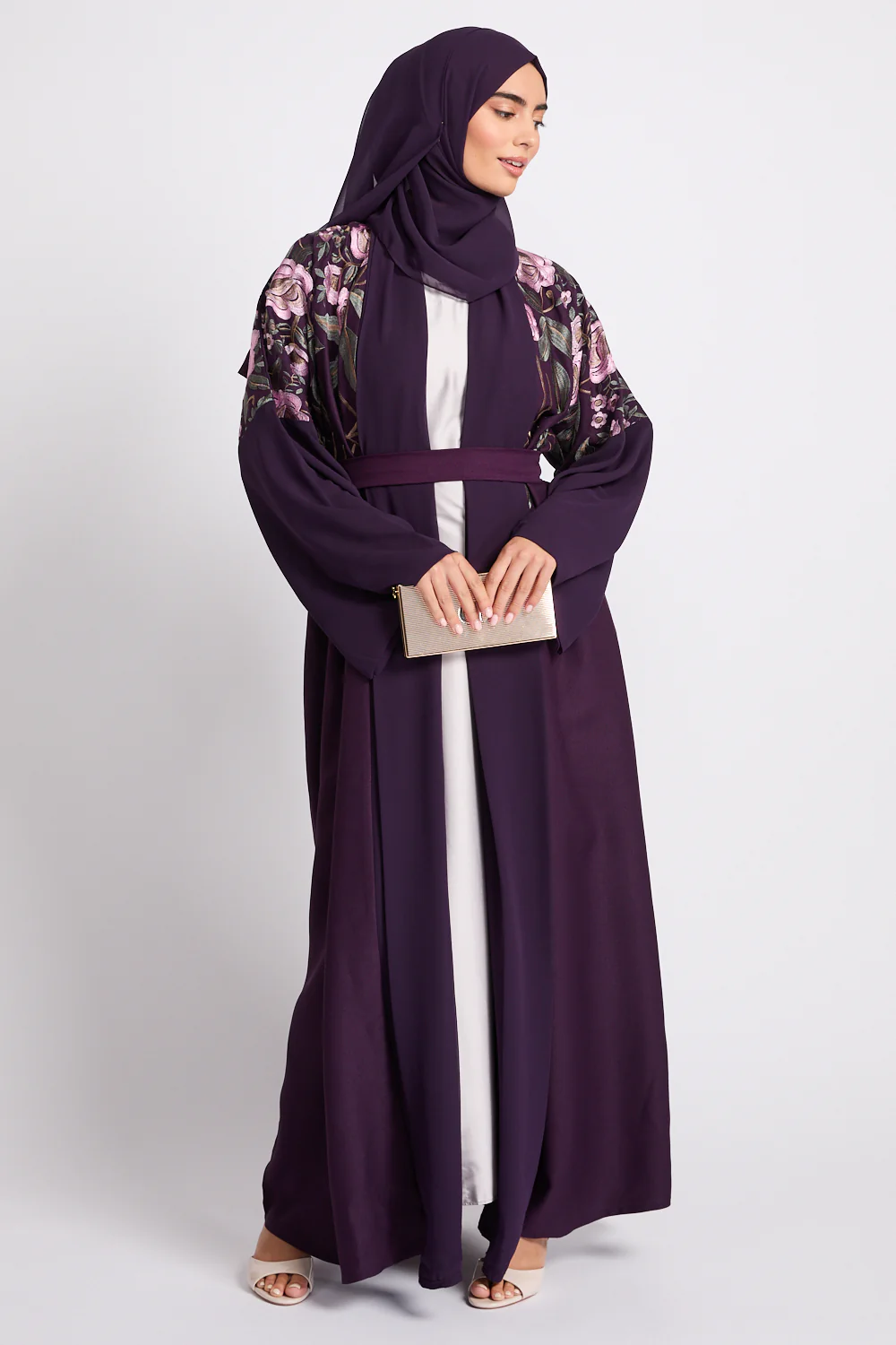 Premium Deep Plum Blooming Embroidered Open Abaya