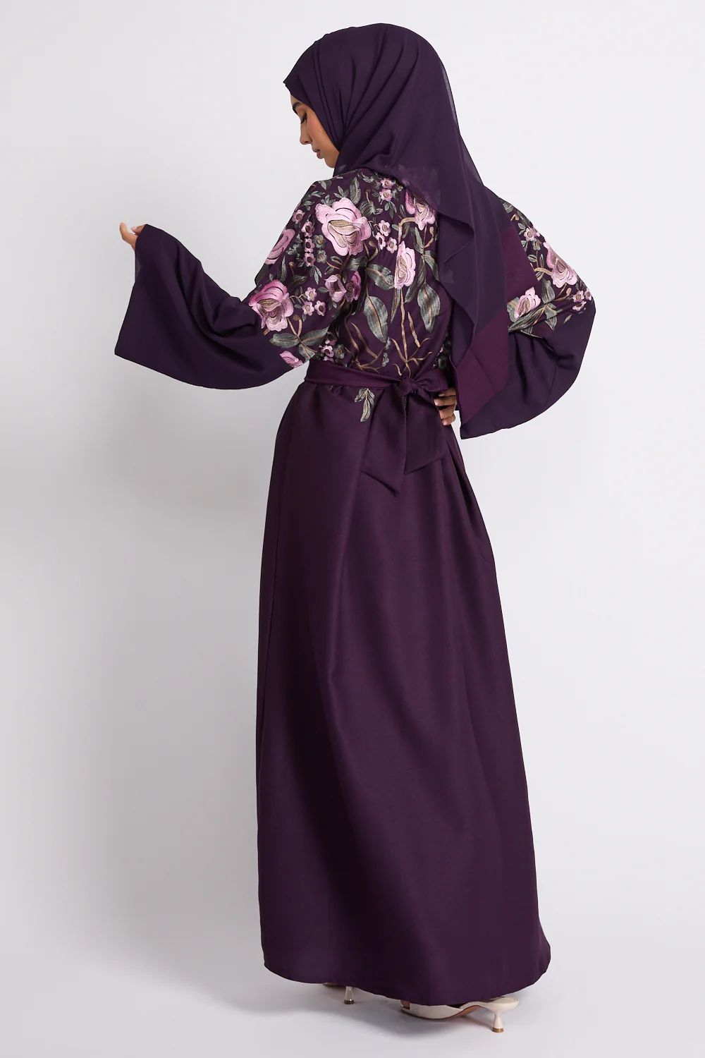 Premium Deep Plum Blooming Embroidered Open Abaya - Image 10