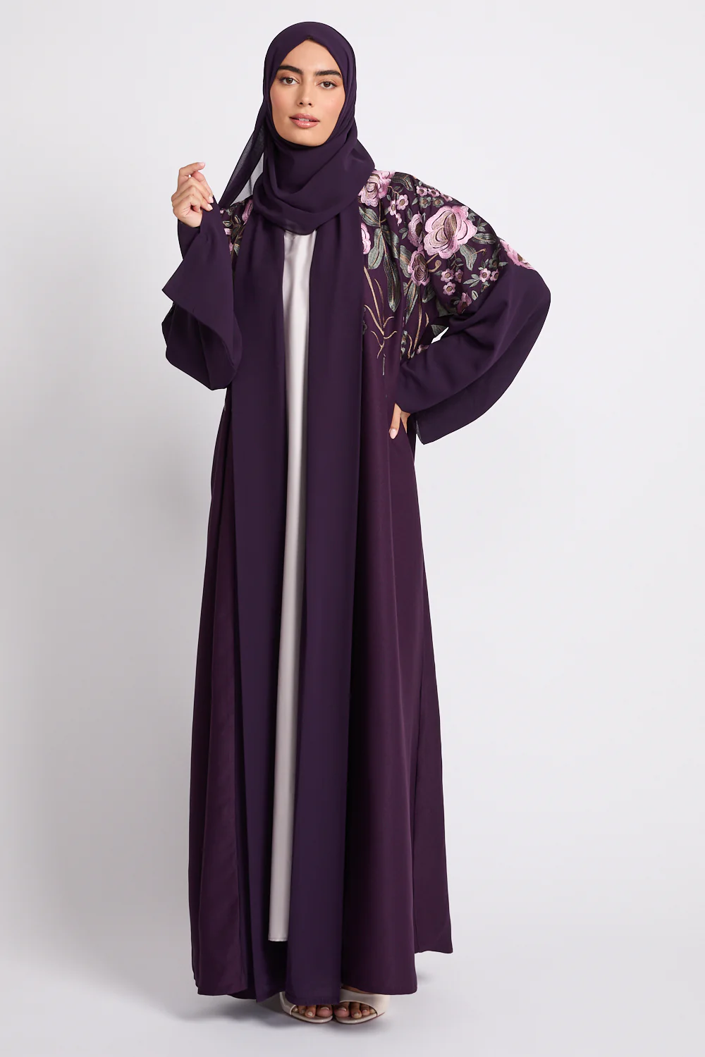 Premium Deep Plum Blooming Embroidered Open Abaya - Image 6
